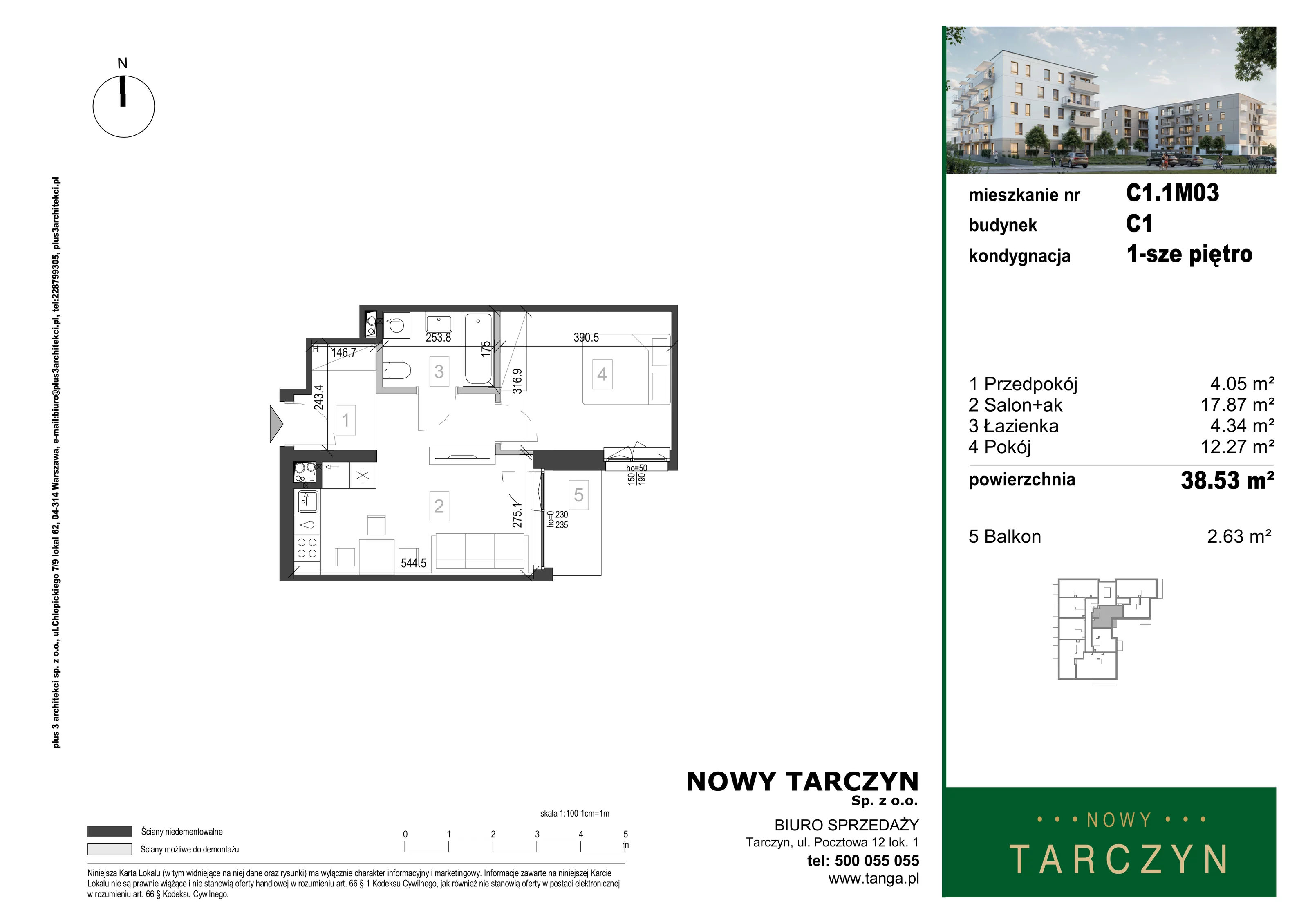 2 pokoje, mieszkanie 38,53 m², piętro 1, oferta nr C1.1M03, Nowy Tarczyn, Tarczyn, ul. Nowa