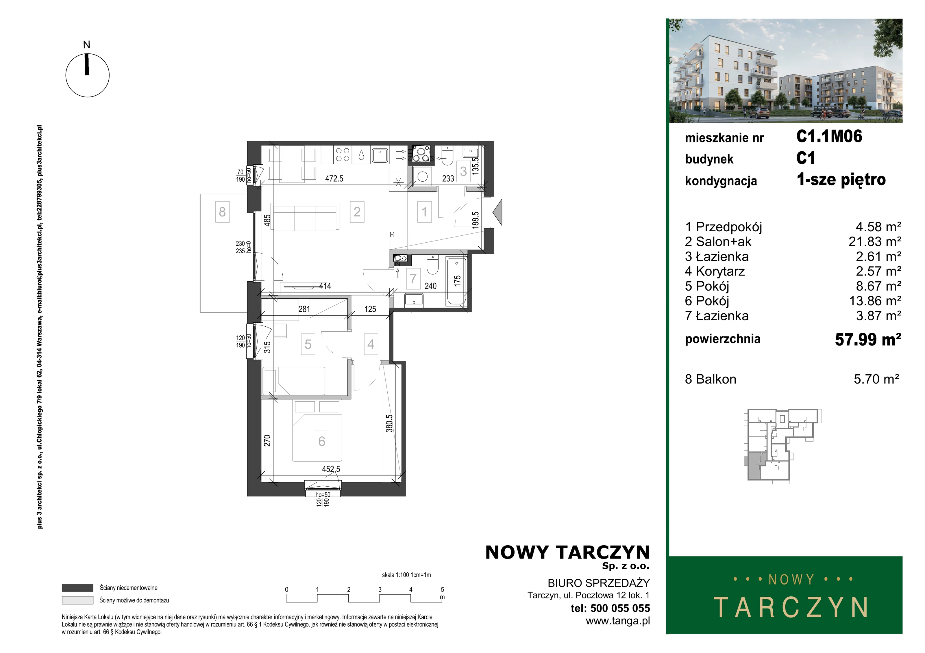 3 pokoje, mieszkanie 57,99 m², piętro 1, oferta nr C1.1M06, Nowy Tarczyn, Tarczyn, ul. Nowa