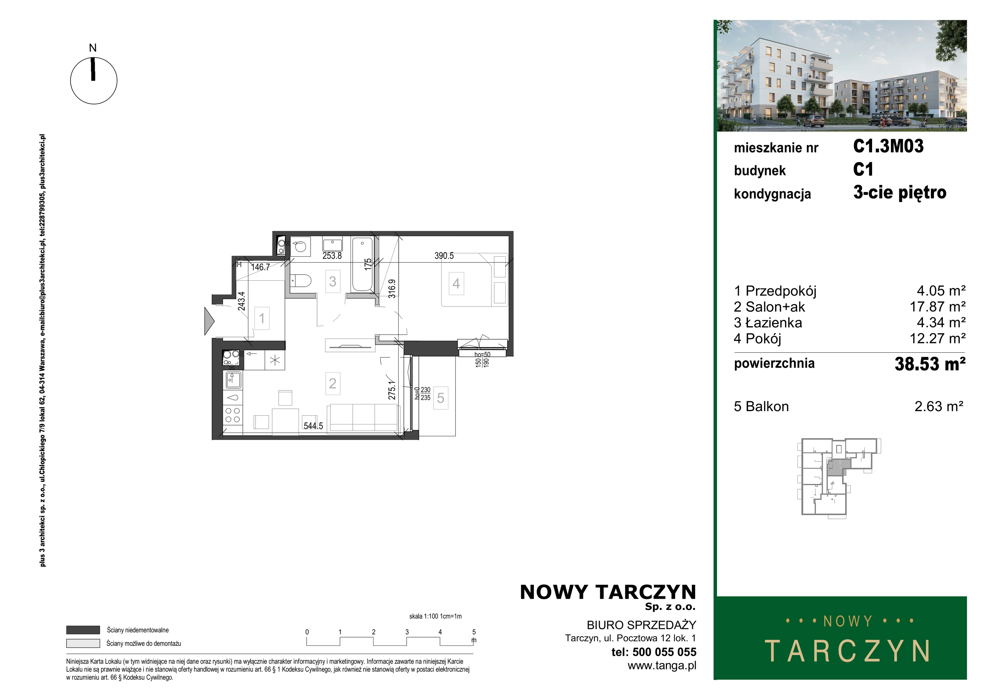 2 pokoje, mieszkanie 38,53 m², piętro 3, oferta nr C1.3M03, Nowy Tarczyn, Tarczyn, ul. Nowa