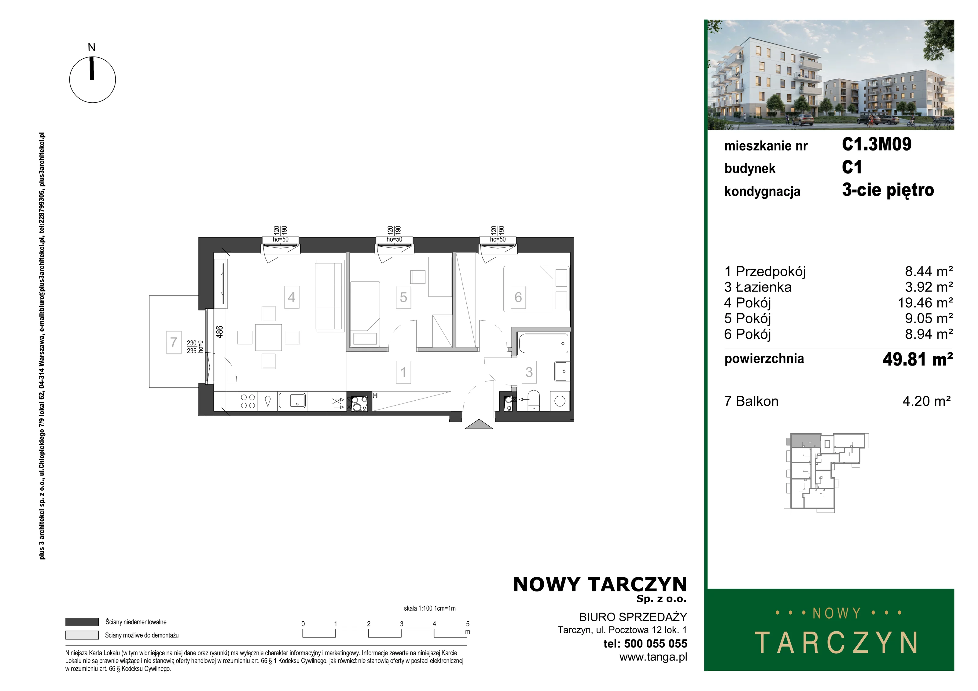 3 pokoje, mieszkanie 49,81 m², piętro 3, oferta nr C1.3M09, Nowy Tarczyn, Tarczyn, ul. Nowa