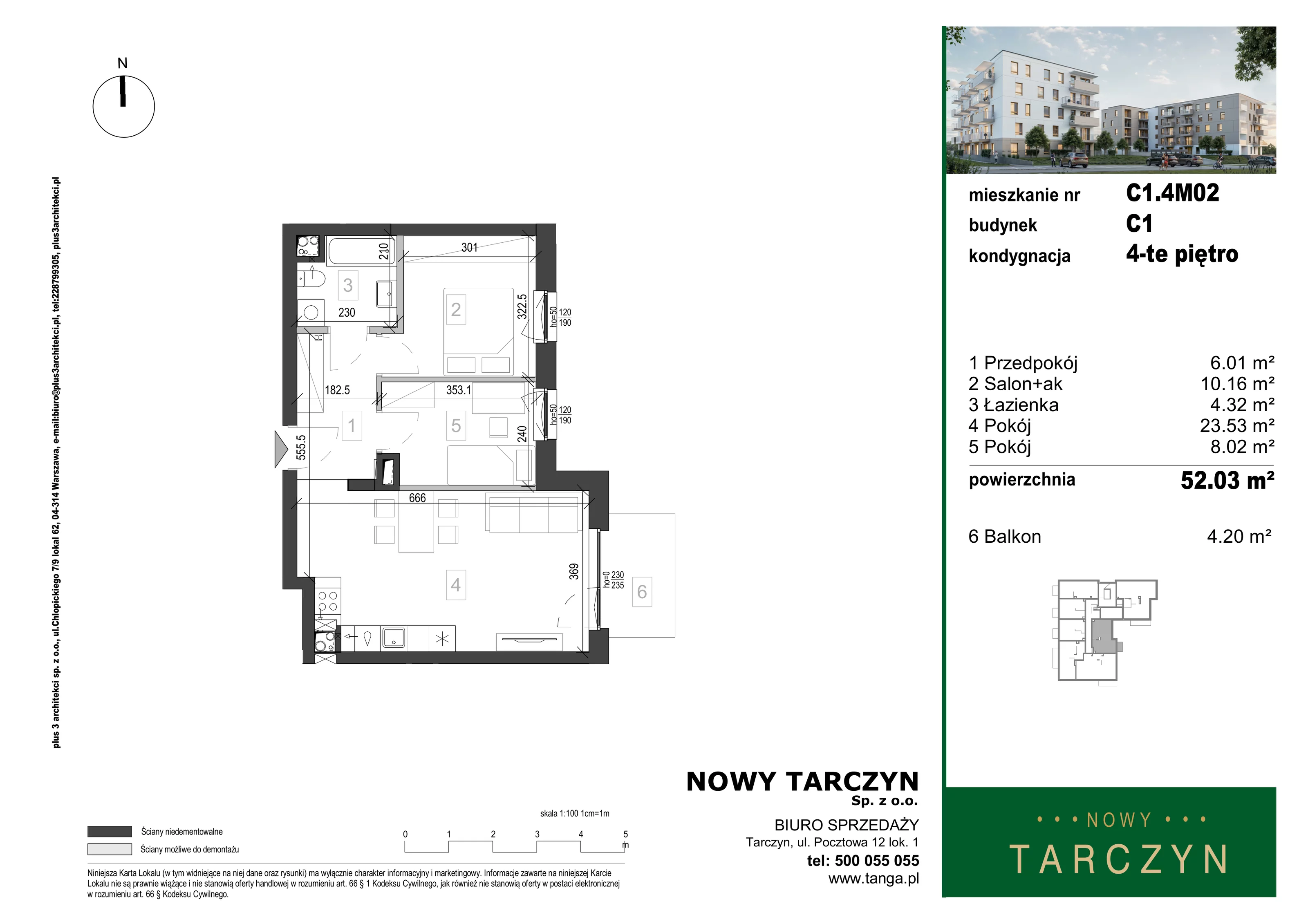 3 pokoje, mieszkanie 52,03 m², piętro 4, oferta nr C1.4M02, Nowy Tarczyn, Tarczyn, ul. Nowa