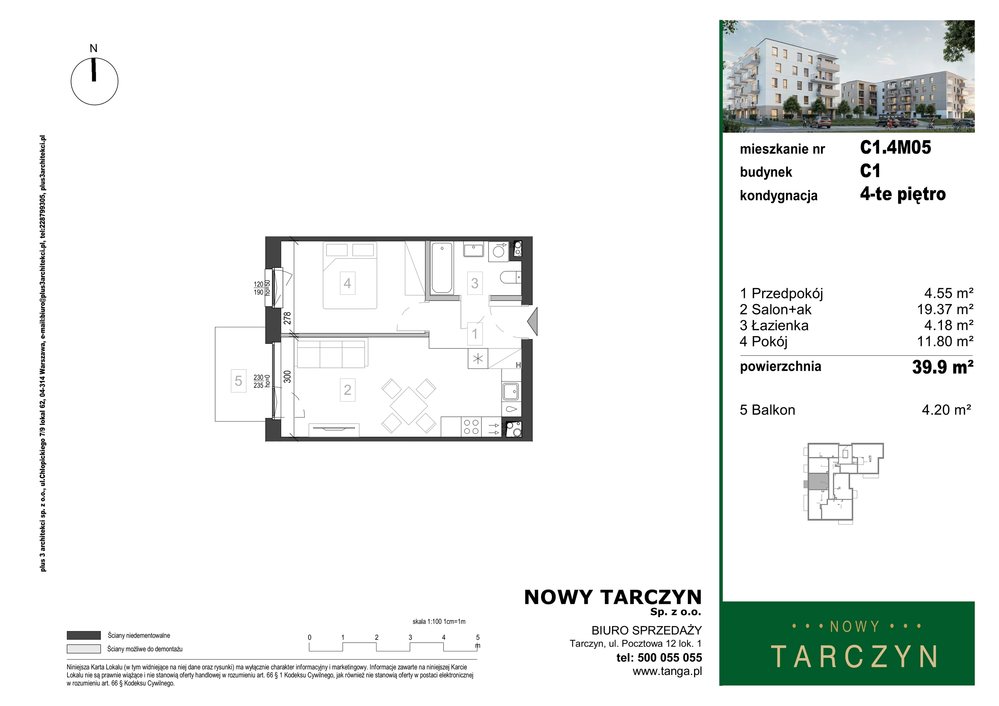 2 pokoje, mieszkanie 39,90 m², piętro 4, oferta nr C1.4M05, Nowy Tarczyn, Tarczyn, ul. Nowa
