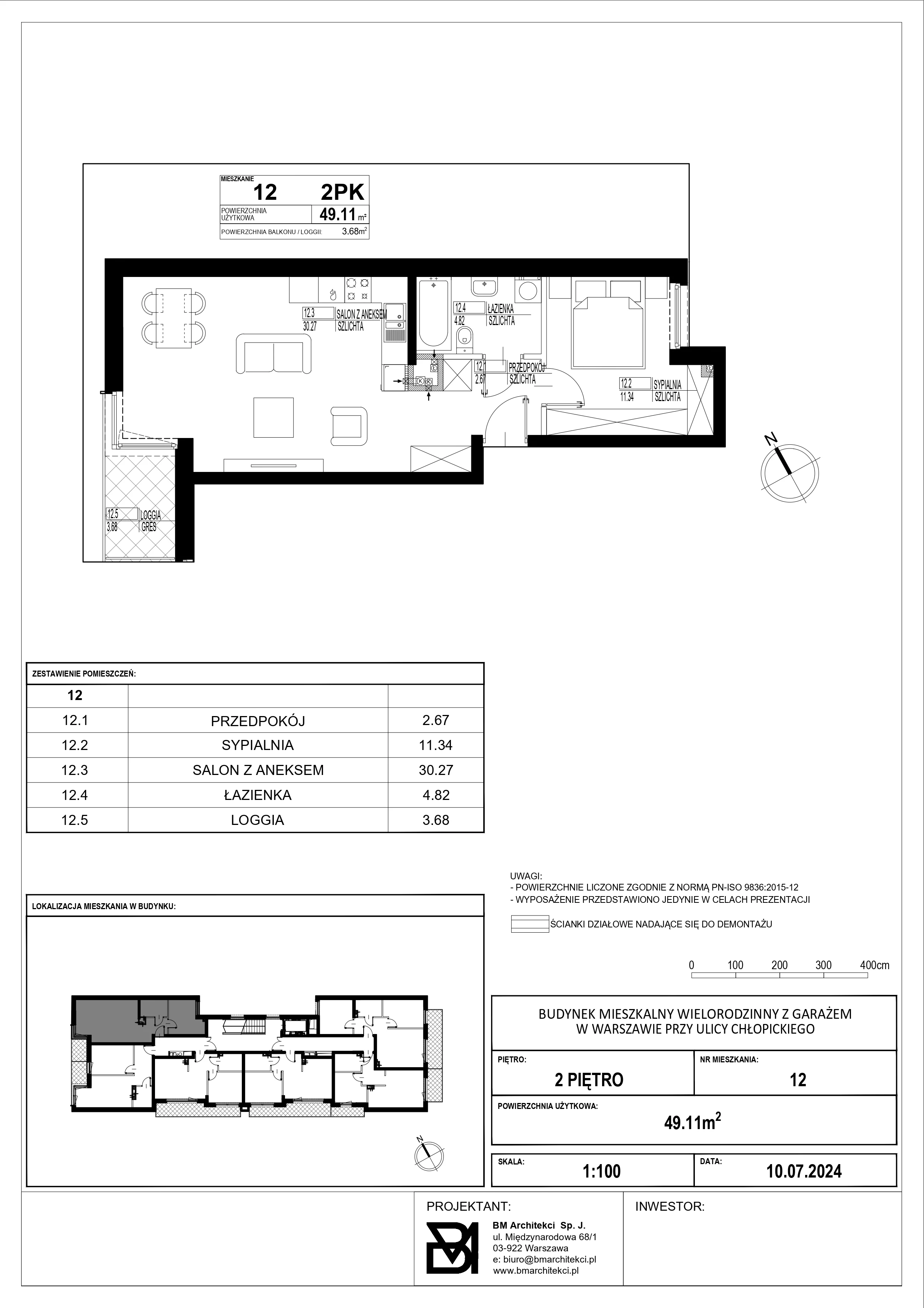 2 pokoje, mieszkanie 49,11 m², piętro 2, oferta nr 12, Stacja Olszynka, Warszawa, Praga Południe, Gocławek, ul. Załęże 14