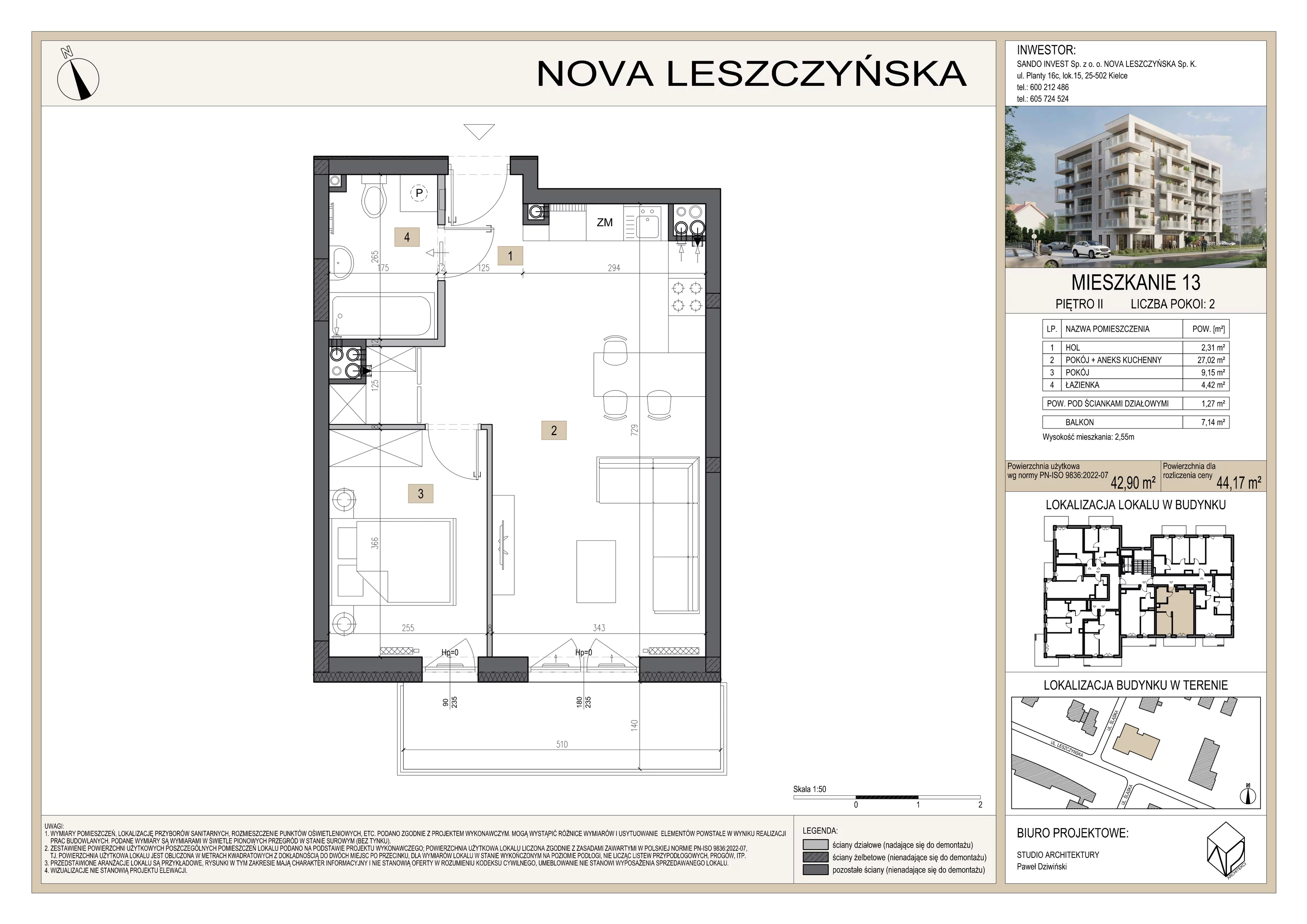 2 pokoje, mieszkanie 44,17 m², piętro 2, oferta nr M13, Nova Leszczyńska, Kielce, Sandomierskie, ul. Leszczyńska 65