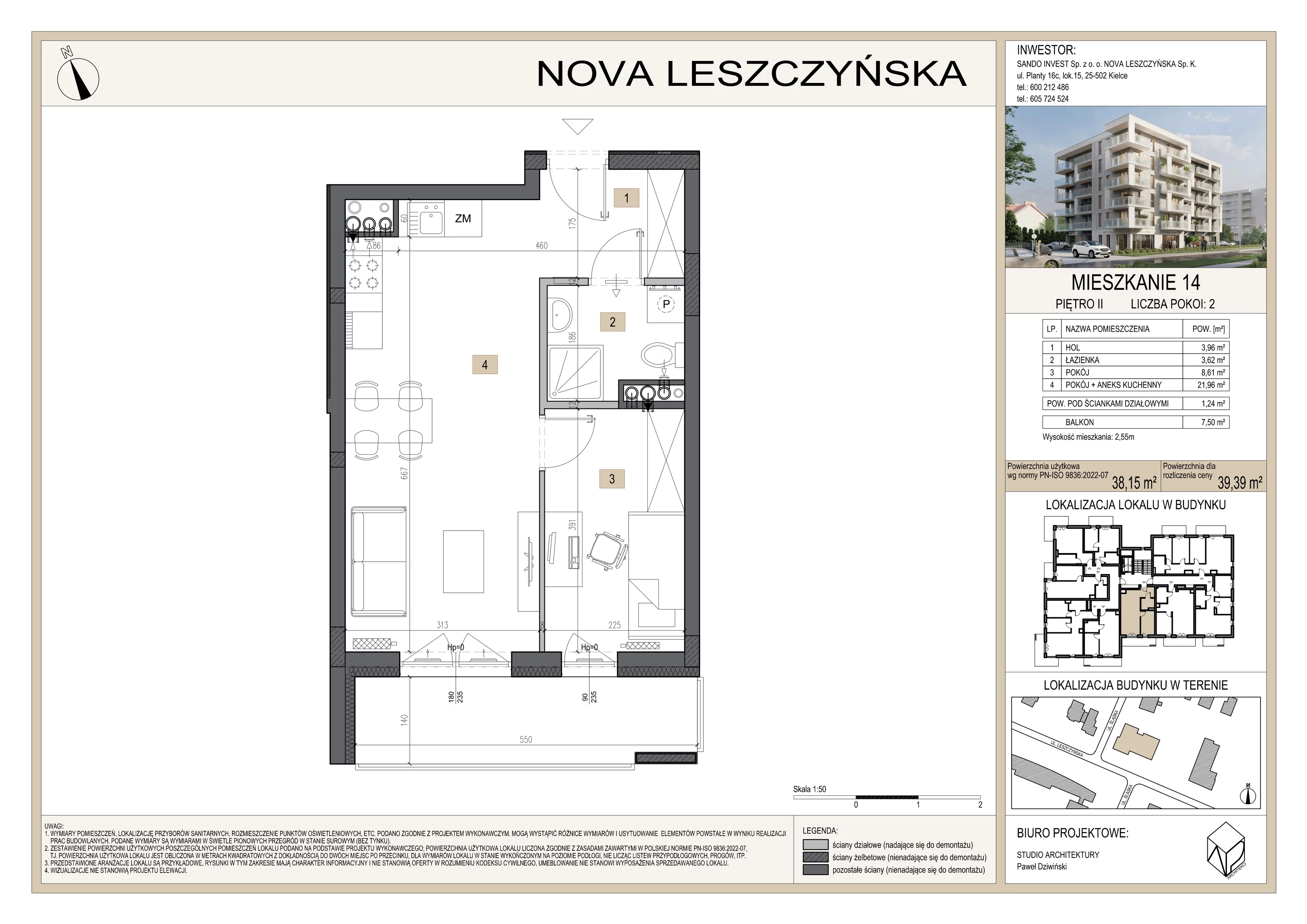 2 pokoje, mieszkanie 39,39 m², piętro 2, oferta nr M14, Nova Leszczyńska, Kielce, Sandomierskie, ul. Leszczyńska 65