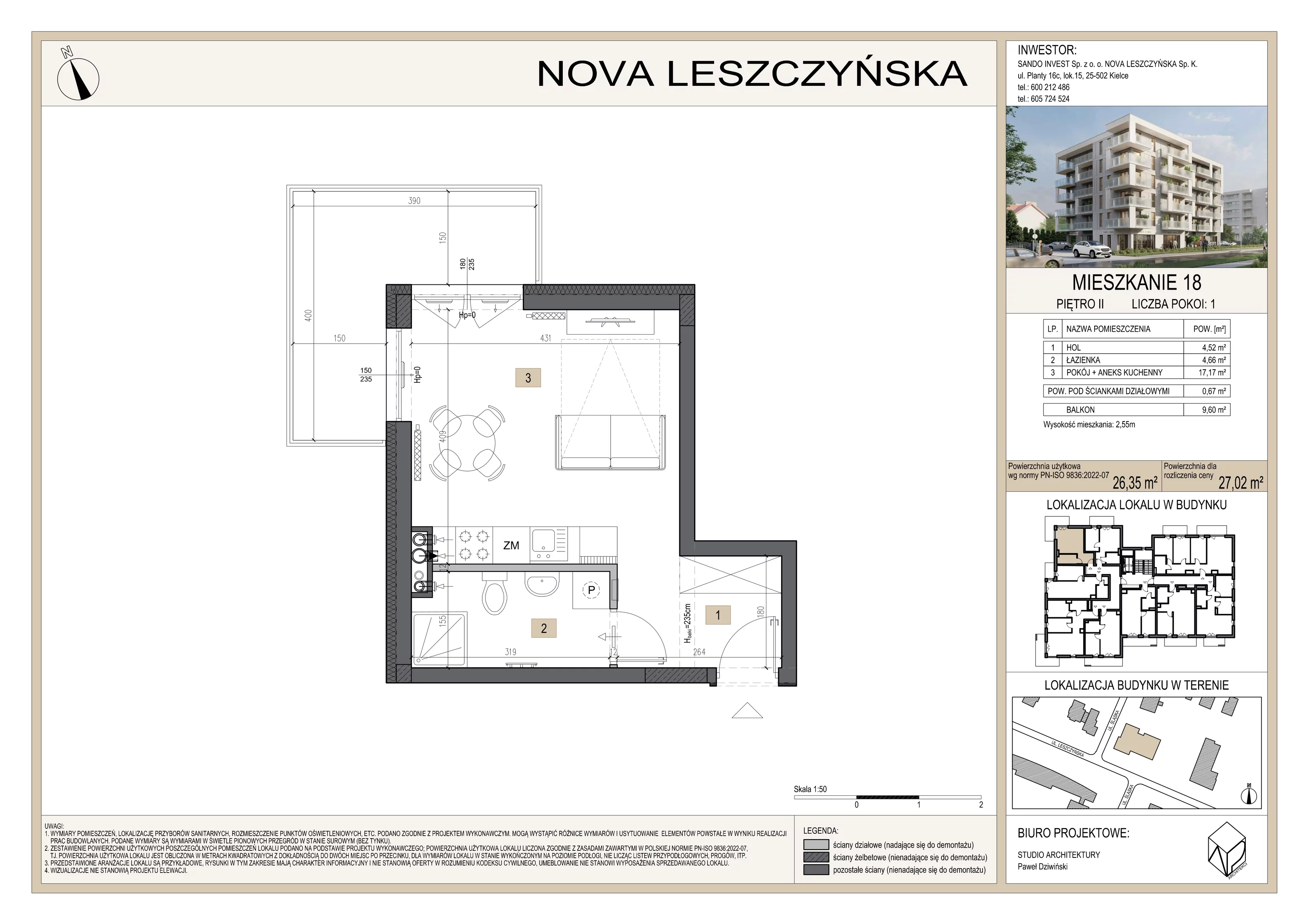 1 pokój, mieszkanie 27,02 m², piętro 2, oferta nr M18, Nova Leszczyńska, Kielce, Sandomierskie, ul. Leszczyńska 65