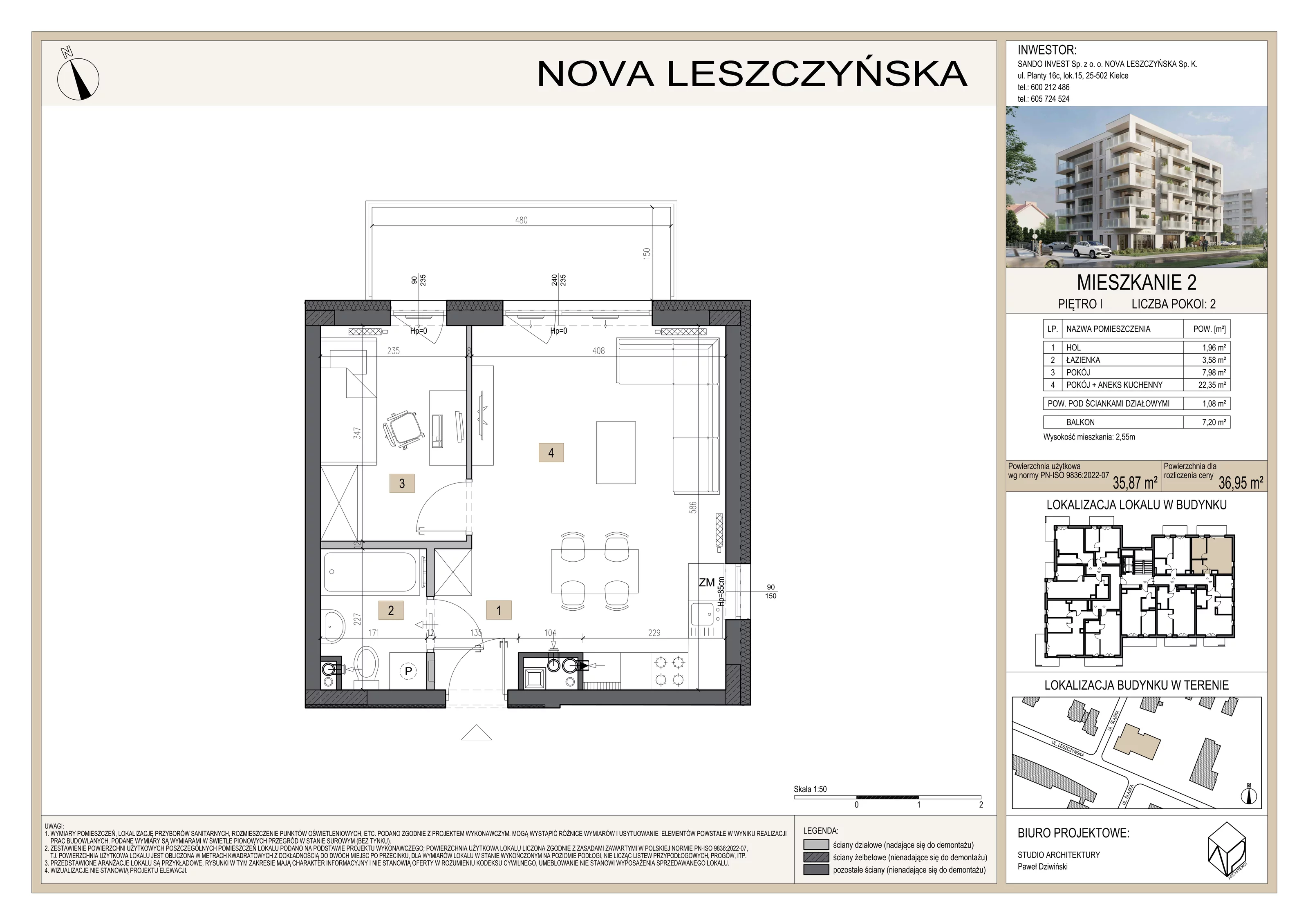 2 pokoje, mieszkanie 36,95 m², piętro 1, oferta nr M2, Nova Leszczyńska, Kielce, Sandomierskie, ul. Leszczyńska 65