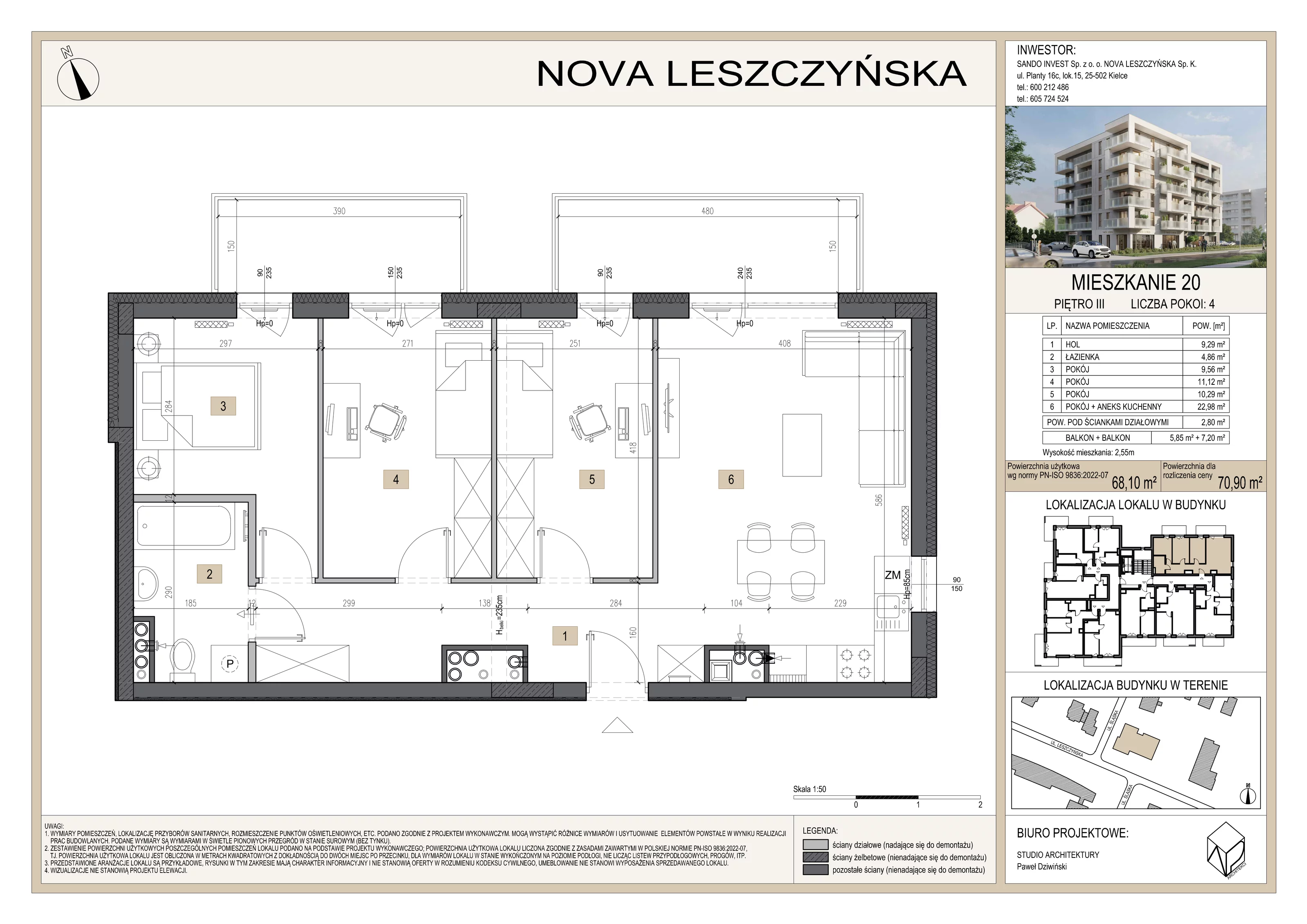 4 pokoje, mieszkanie 70,90 m², piętro 3, oferta nr M20, Nova Leszczyńska, Kielce, Sandomierskie, ul. Leszczyńska 65