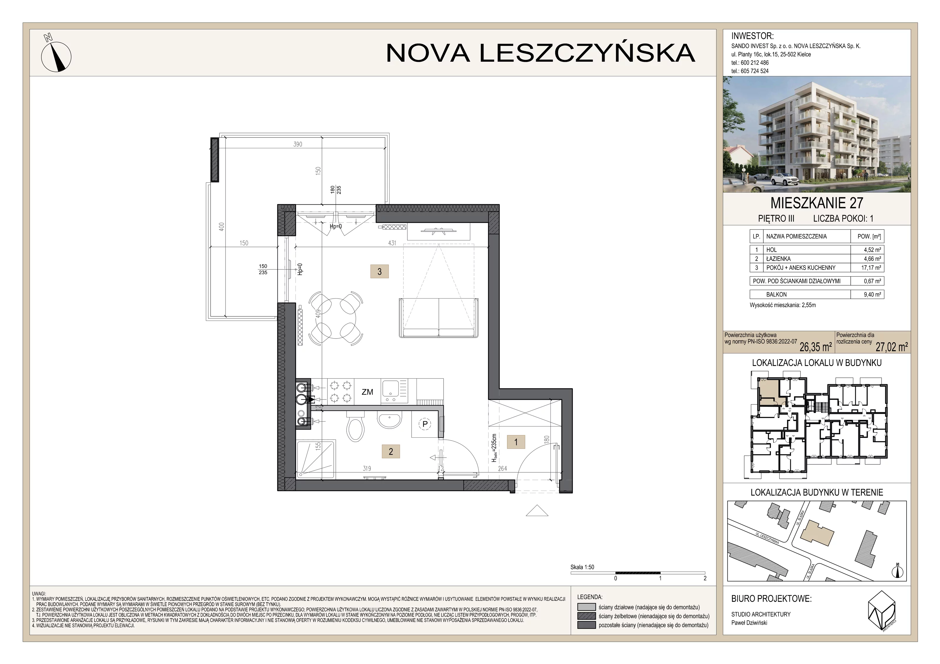1 pokój, mieszkanie 27,02 m², piętro 3, oferta nr M27, Nova Leszczyńska, Kielce, Sandomierskie, ul. Leszczyńska 65
