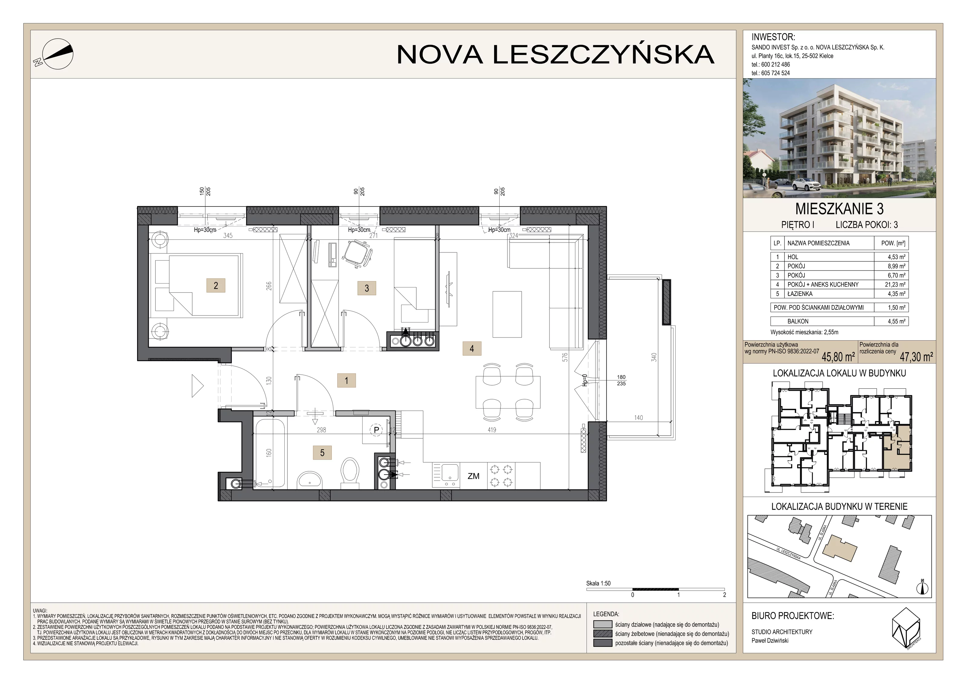 3 pokoje, mieszkanie 47,30 m², piętro 1, oferta nr M3, Nova Leszczyńska, Kielce, Sandomierskie, ul. Leszczyńska 65