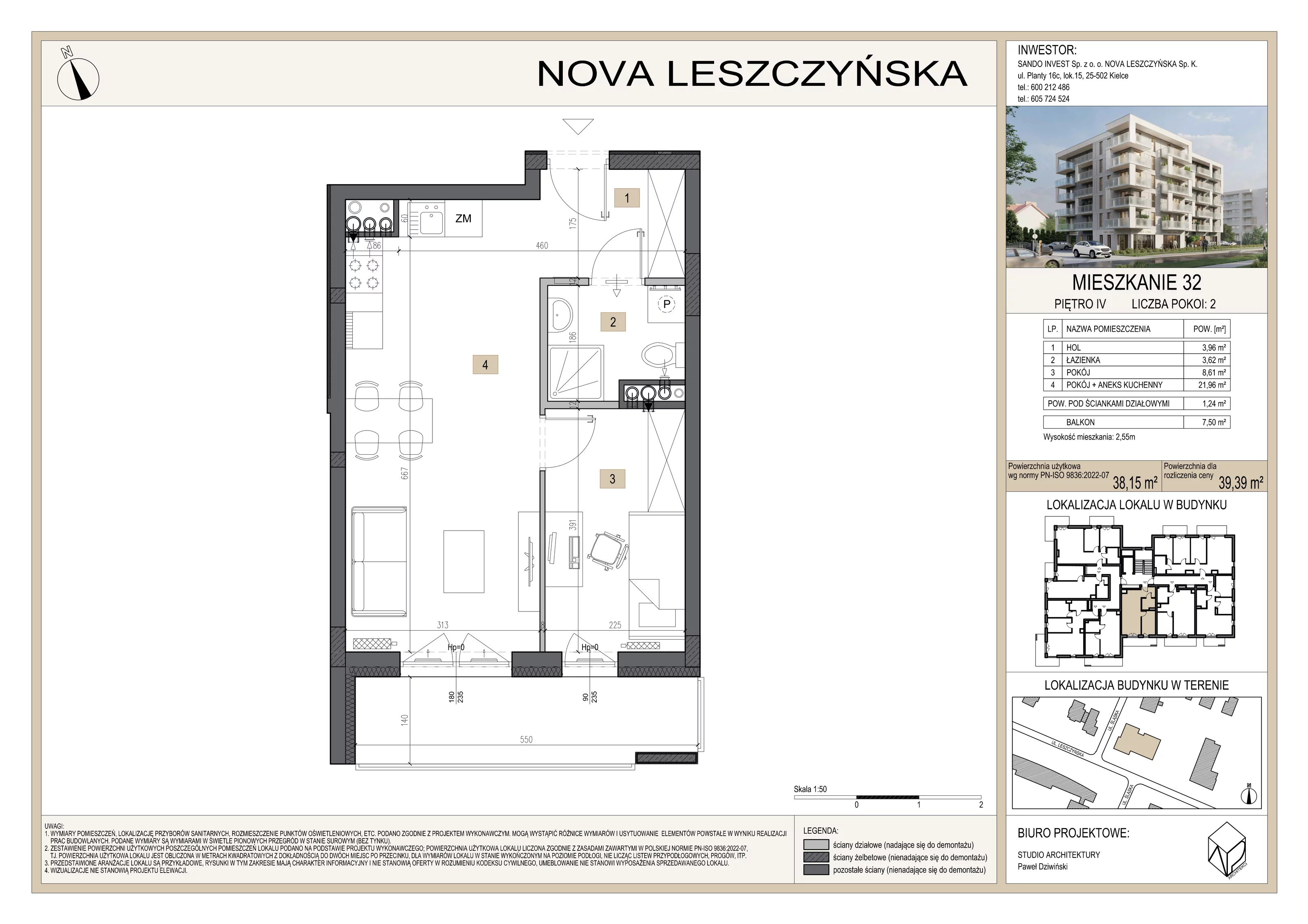 2 pokoje, mieszkanie 39,39 m², piętro 4, oferta nr M32, Nova Leszczyńska, Kielce, Sandomierskie, ul. Leszczyńska 65