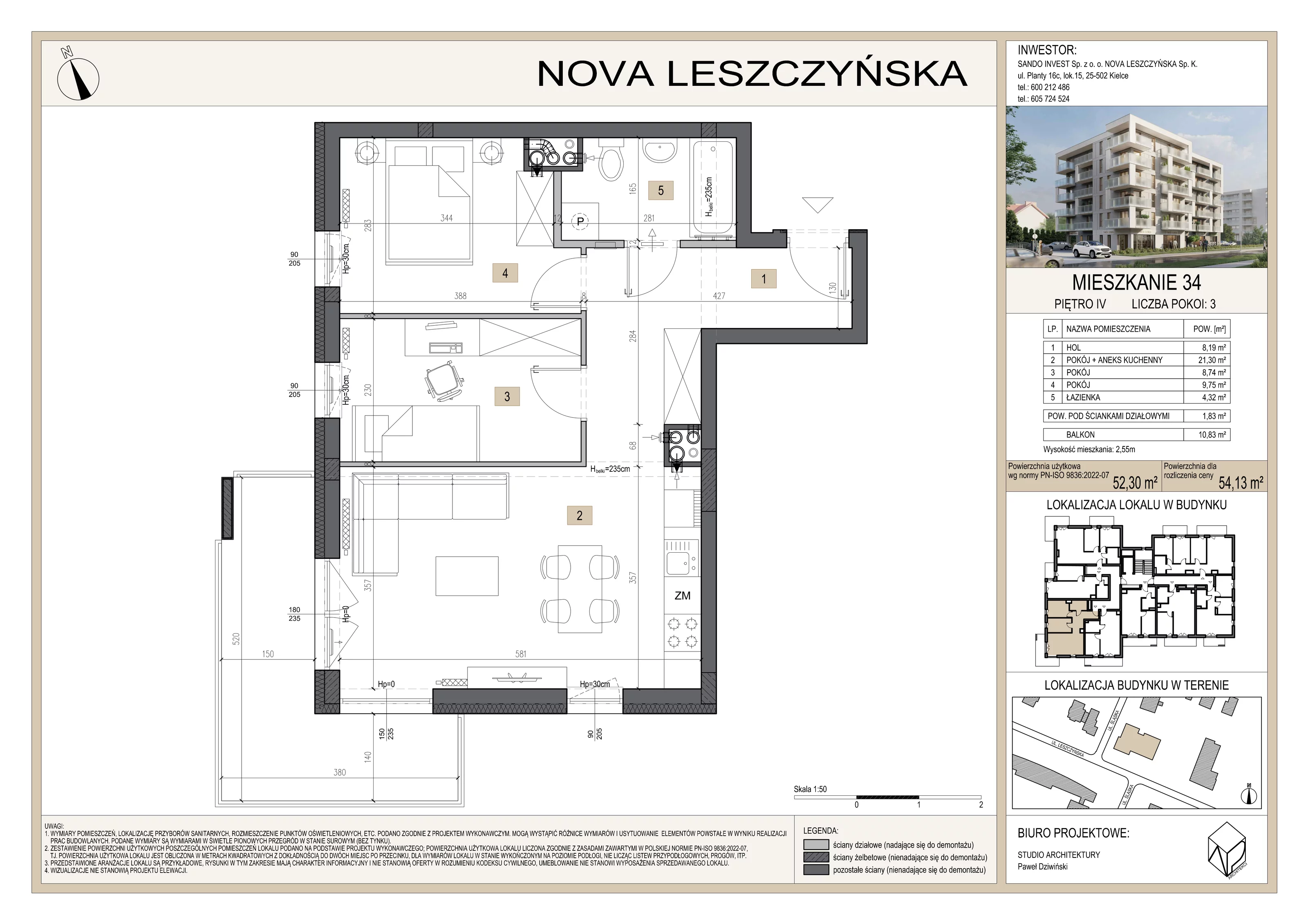3 pokoje, mieszkanie 54,13 m², piętro 4, oferta nr M34, Nova Leszczyńska, Kielce, Sandomierskie, ul. Leszczyńska 65
