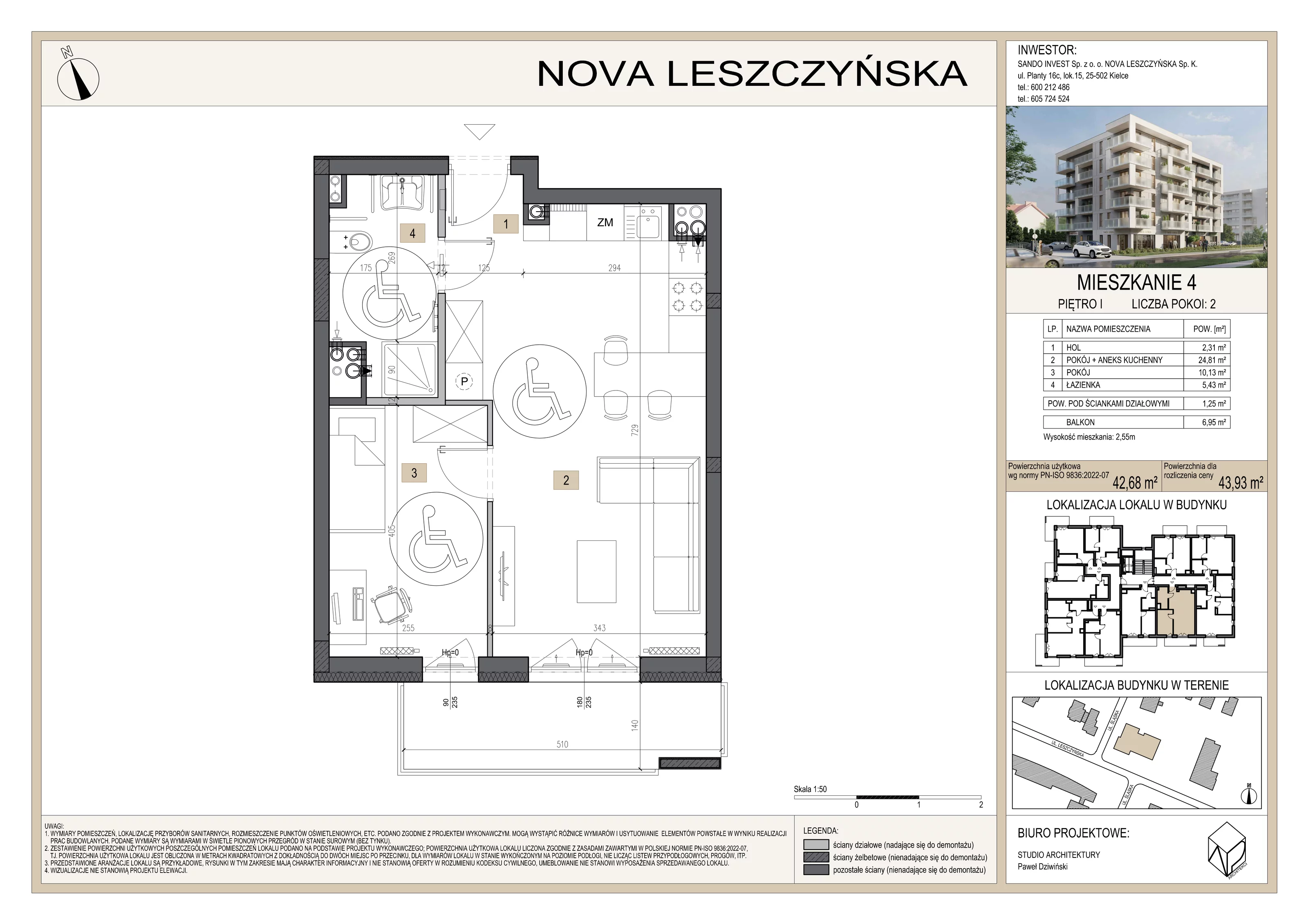 2 pokoje, mieszkanie 43,93 m², piętro 1, oferta nr M4, Nova Leszczyńska, Kielce, Sandomierskie, ul. Leszczyńska 65