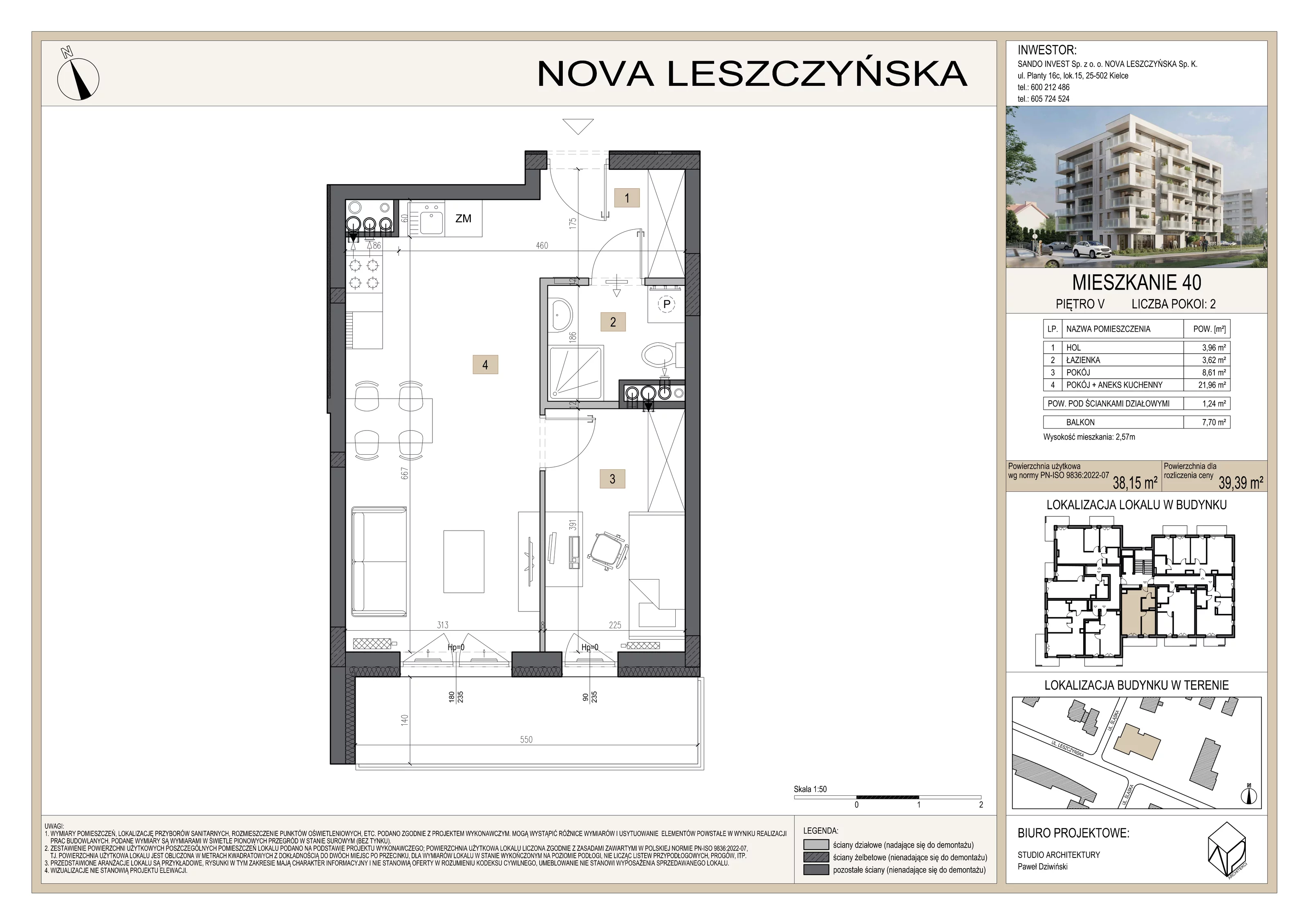 2 pokoje, mieszkanie 39,39 m², piętro 5, oferta nr M40, Nova Leszczyńska, Kielce, Sandomierskie, ul. Leszczyńska 65