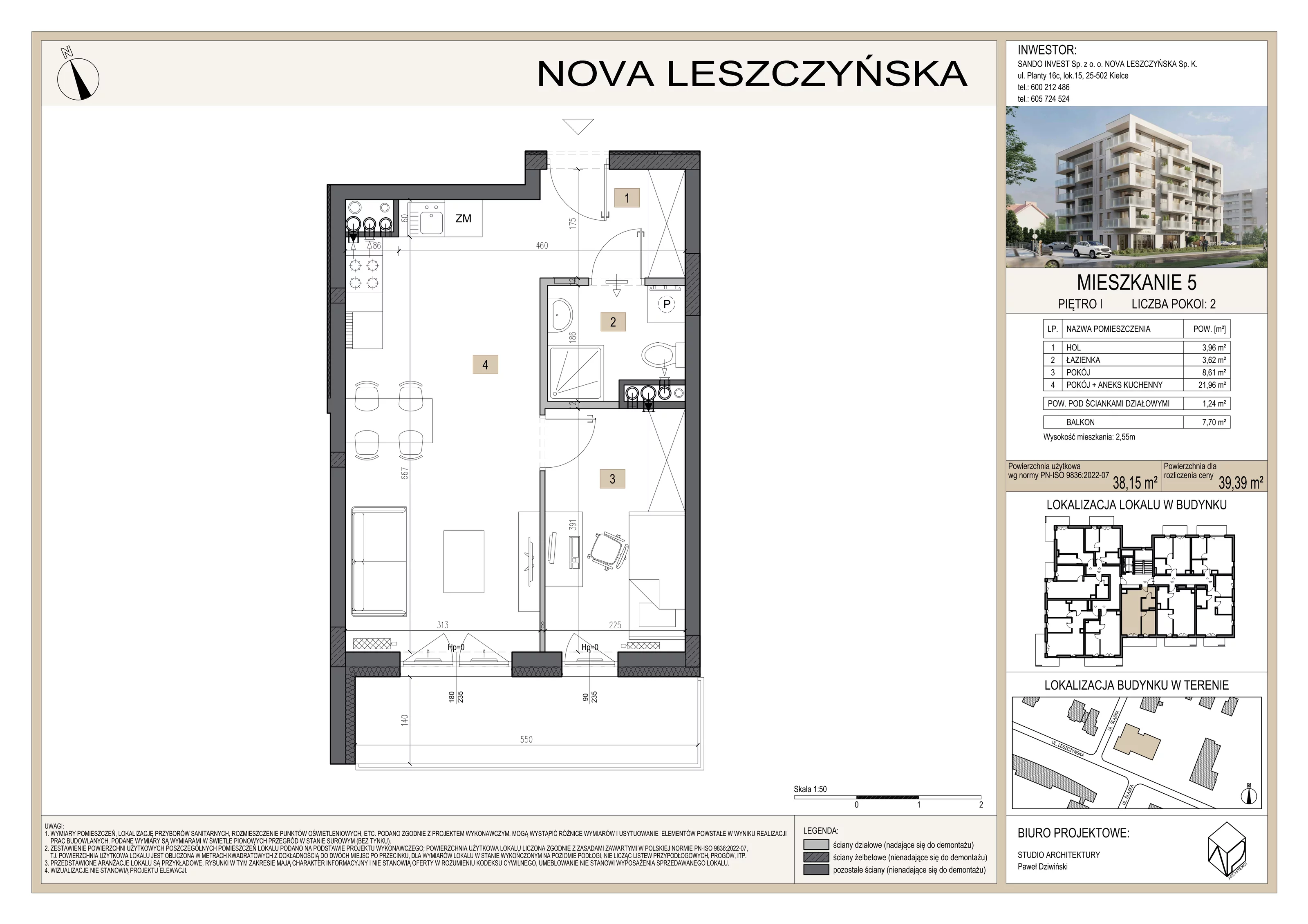 2 pokoje, mieszkanie 39,39 m², piętro 1, oferta nr M5, Nova Leszczyńska, Kielce, Sandomierskie, ul. Leszczyńska 65