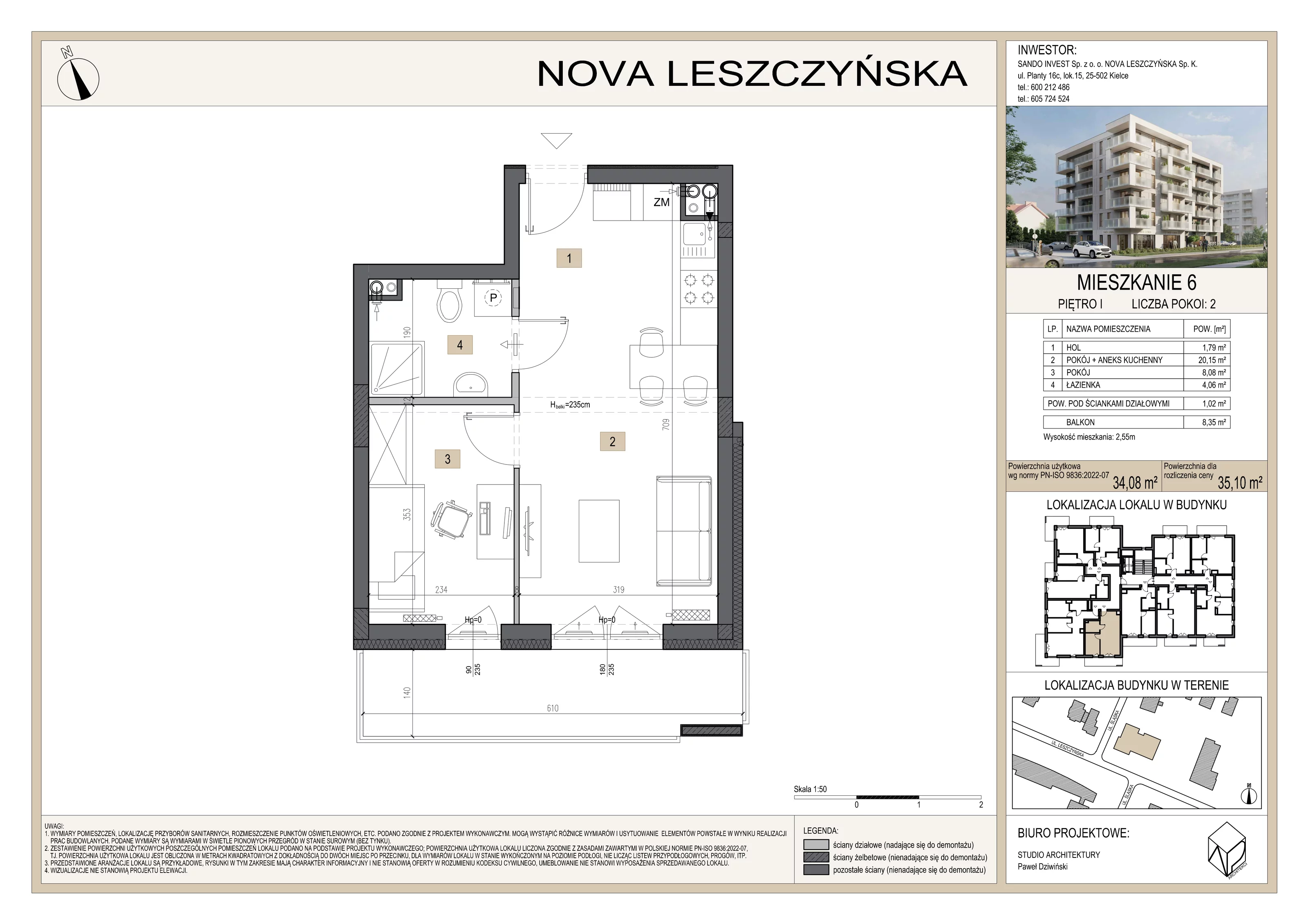 2 pokoje, mieszkanie 35,10 m², piętro 1, oferta nr M6, Nova Leszczyńska, Kielce, Sandomierskie, ul. Leszczyńska 65