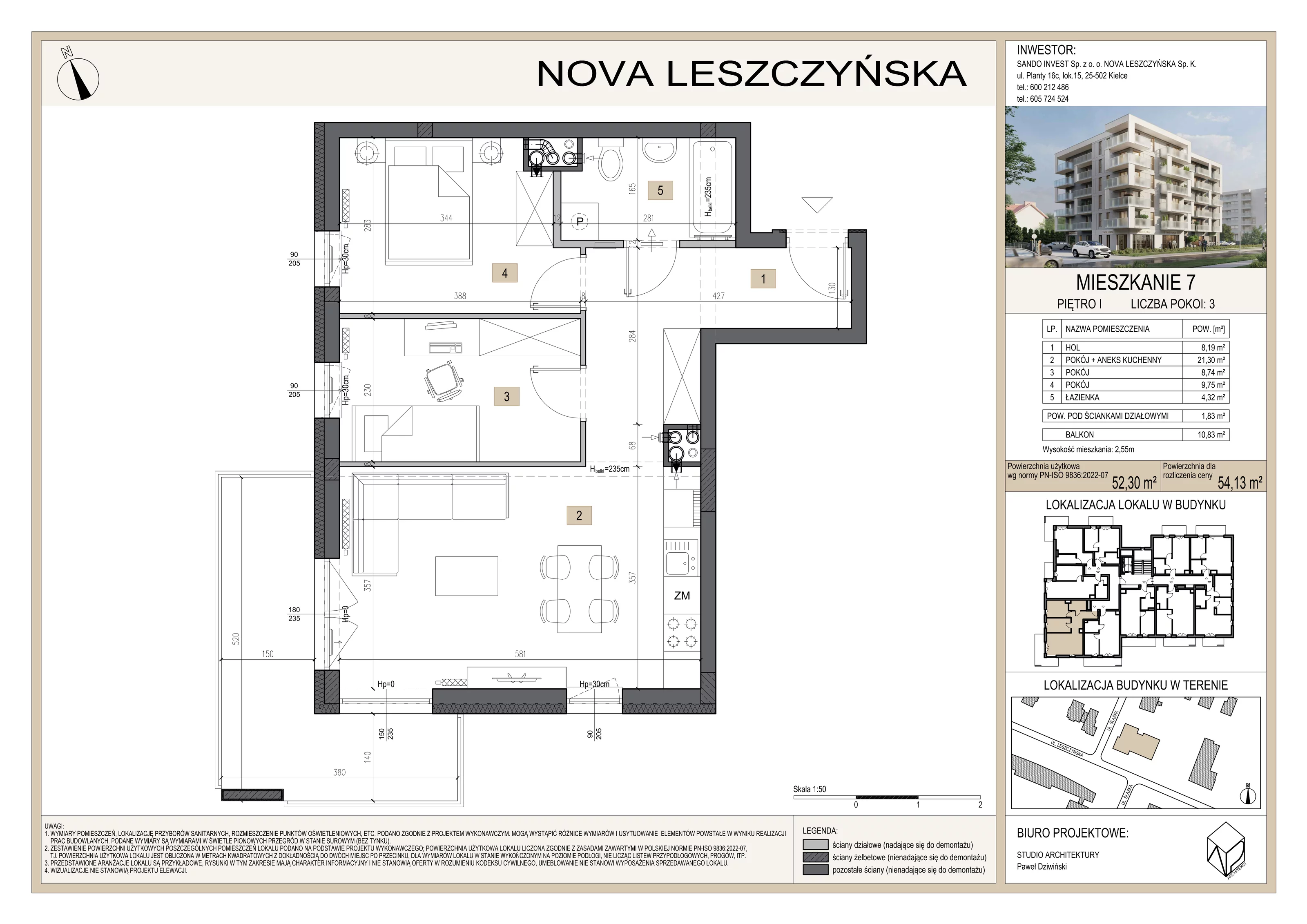 3 pokoje, mieszkanie 54,13 m², piętro 1, oferta nr M7, Nova Leszczyńska, Kielce, Sandomierskie, ul. Leszczyńska 65