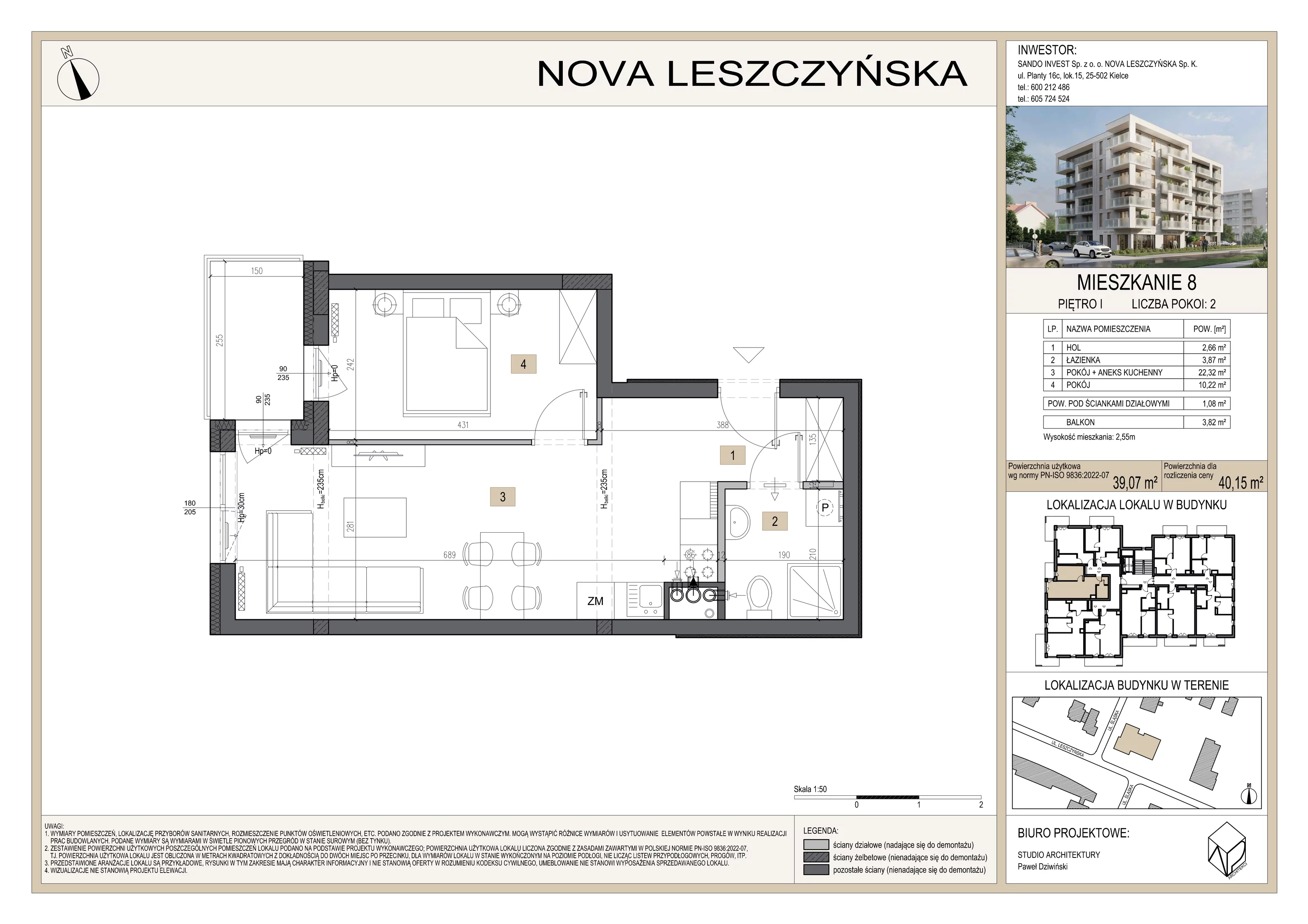 2 pokoje, mieszkanie 40,15 m², piętro 1, oferta nr M8, Nova Leszczyńska, Kielce, Sandomierskie, ul. Leszczyńska 65