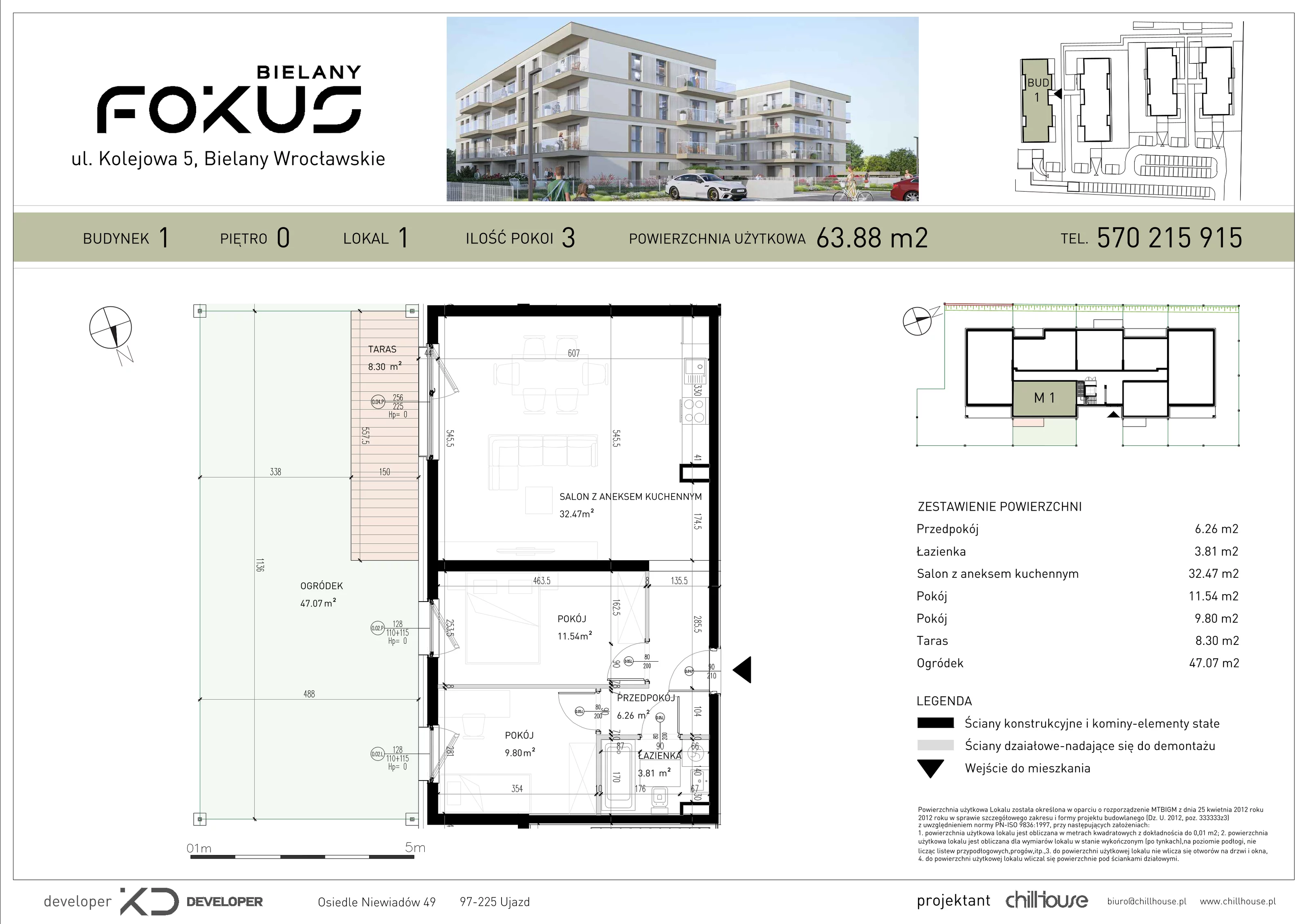 3 pokoje, mieszkanie 63,88 m², parter, oferta nr B1.1, Fokus Bielany, Bielany Wrocławskie, ul. Kolejowa 5