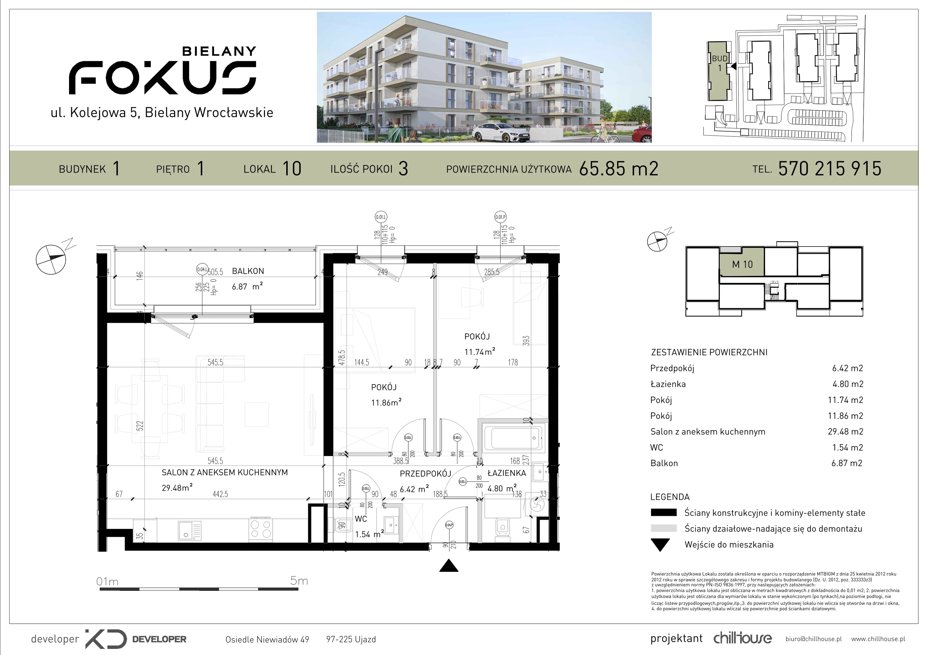 3 pokoje, mieszkanie 65,85 m², piętro 1, oferta nr B1.10, Fokus Bielany, Bielany Wrocławskie, ul. Kolejowa 5