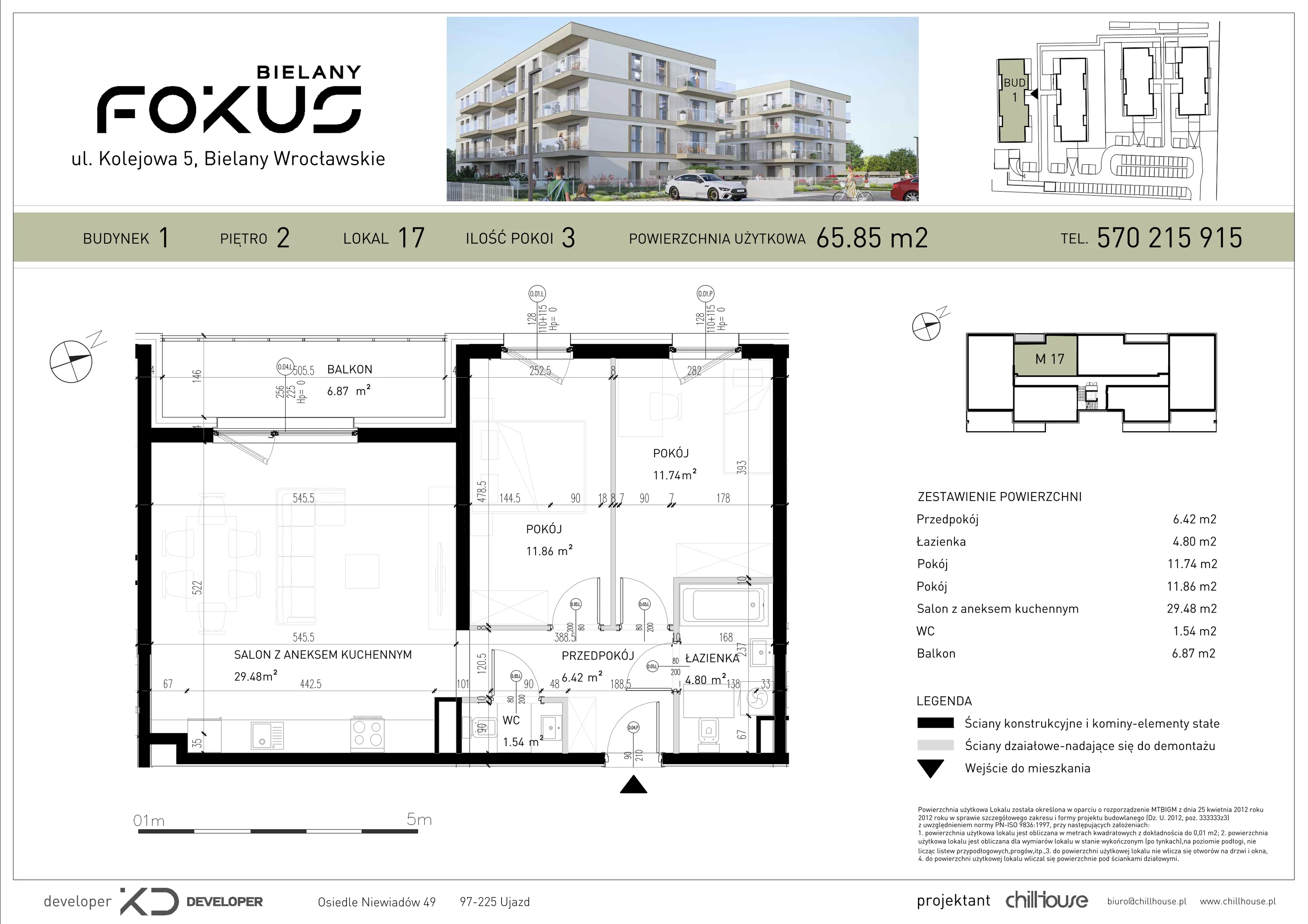 3 pokoje, mieszkanie 65,85 m², piętro 2, oferta nr B1.17, Fokus Bielany, Bielany Wrocławskie, ul. Kolejowa 5