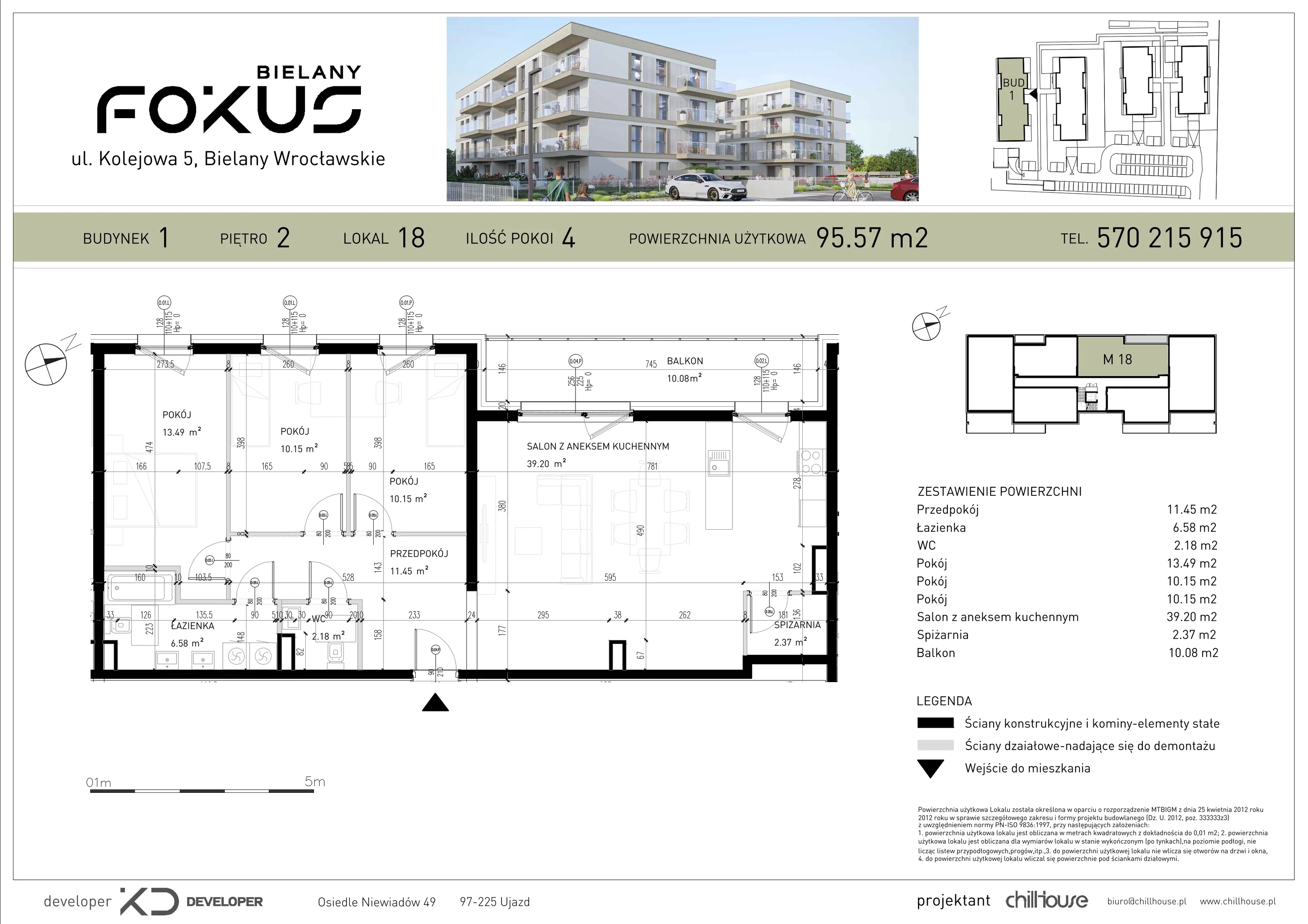 4 pokoje, mieszkanie 95,57 m², piętro 2, oferta nr B1.18, Fokus Bielany, Bielany Wrocławskie, ul. Kolejowa 5