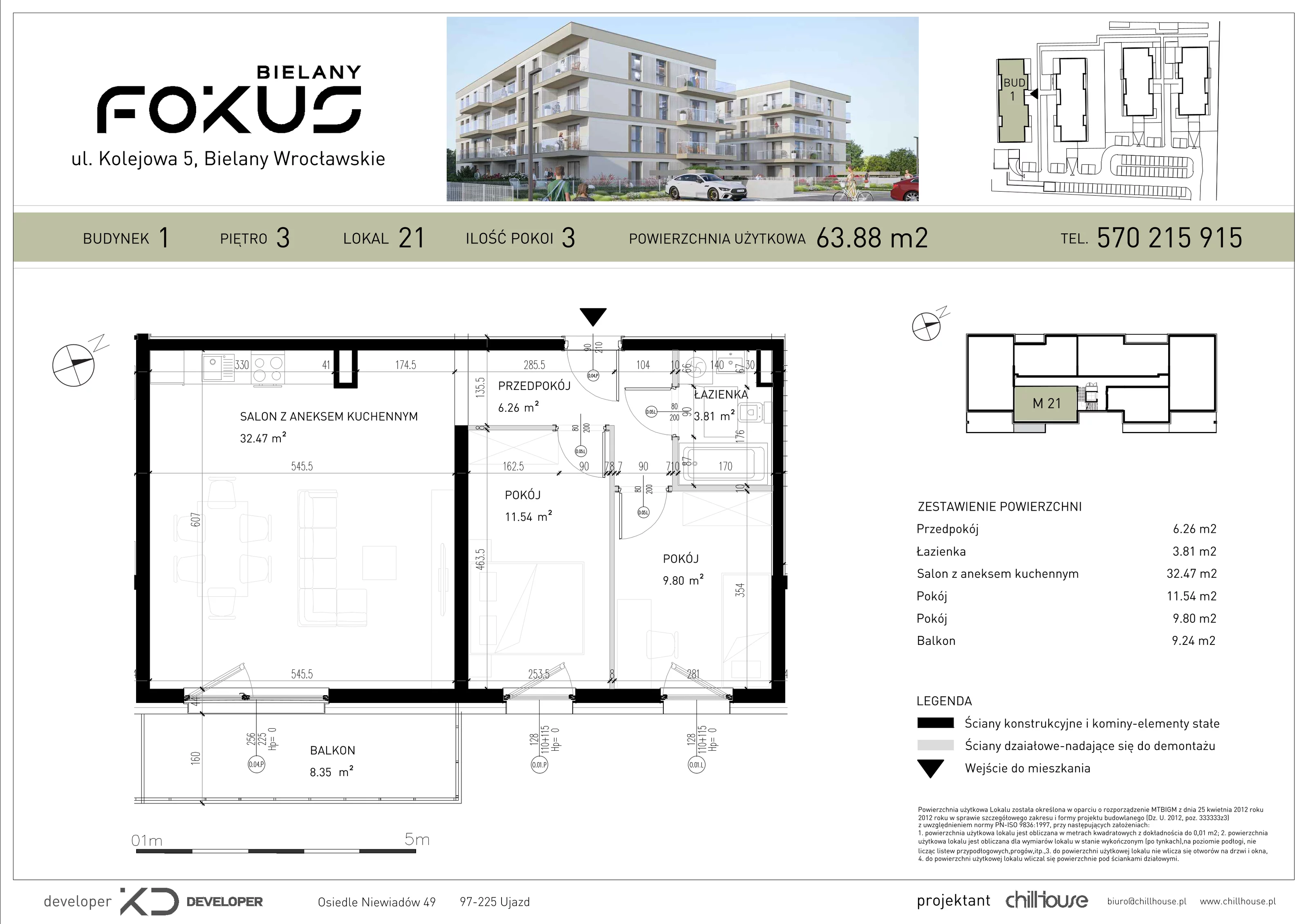3 pokoje, mieszkanie 63,88 m², piętro 3, oferta nr B1.21, Fokus Bielany, Bielany Wrocławskie, ul. Kolejowa 5