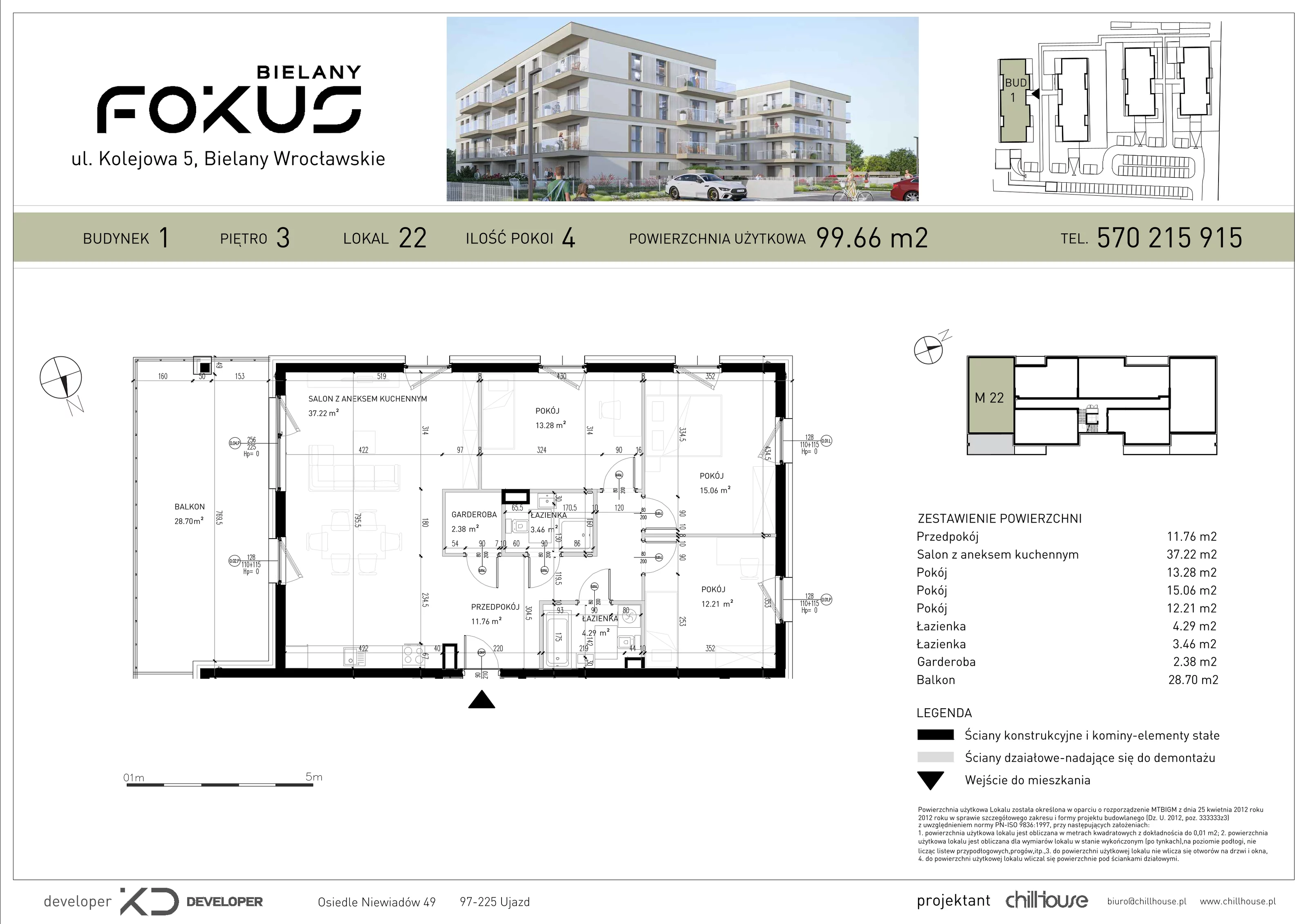 4 pokoje, mieszkanie 99,66 m², piętro 3, oferta nr B1.22, Fokus Bielany, Bielany Wrocławskie, ul. Kolejowa 5