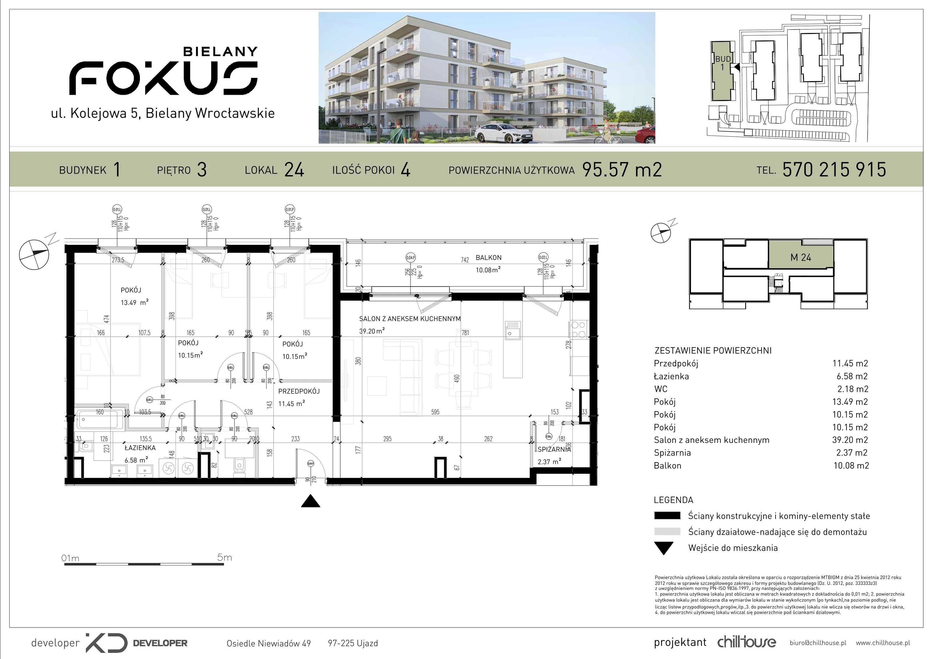 4 pokoje, mieszkanie 95,57 m², piętro 3, oferta nr B1.24, Fokus Bielany, Bielany Wrocławskie, ul. Kolejowa 5