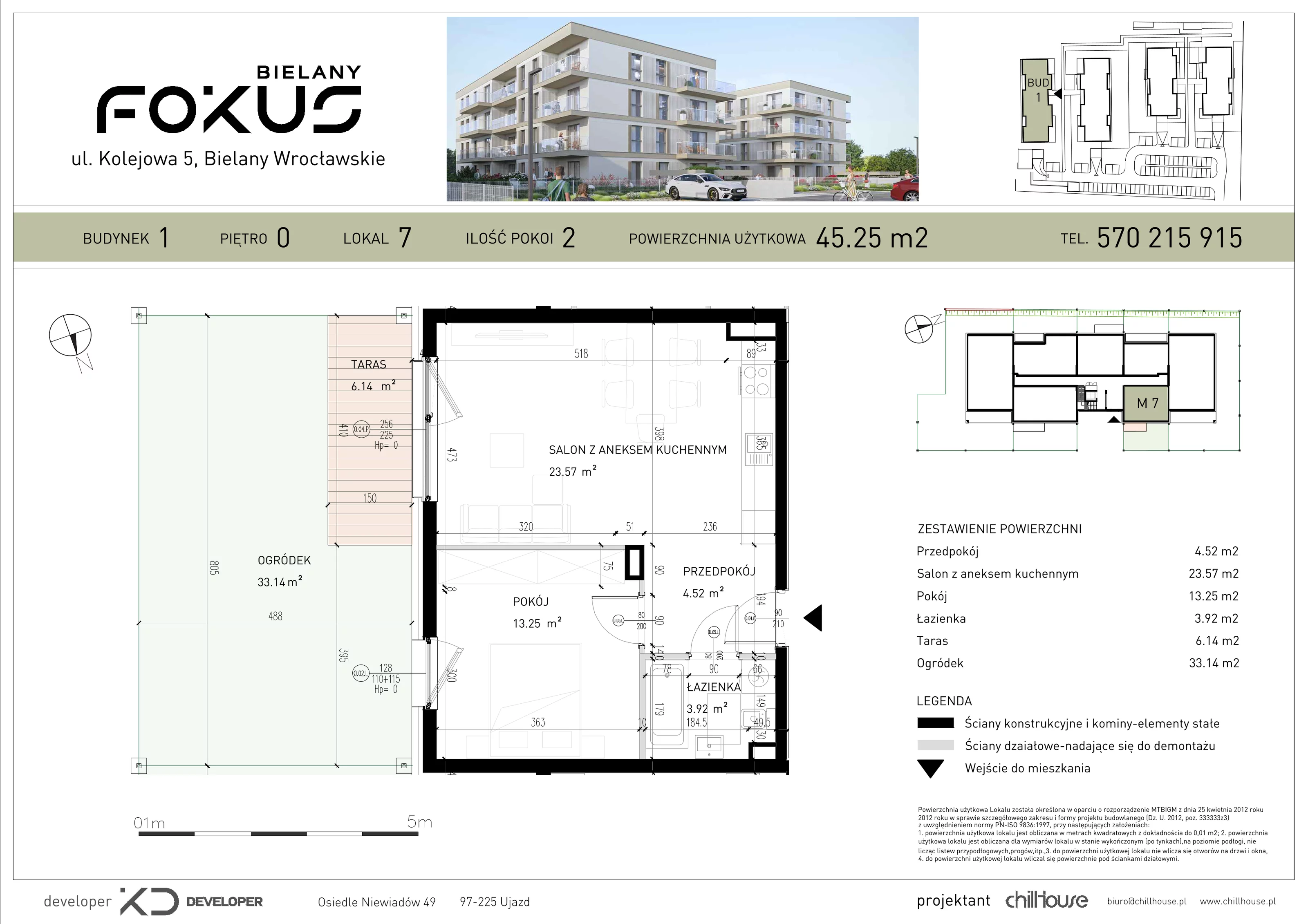 2 pokoje, mieszkanie 45,25 m², parter, oferta nr B1.7, Fokus Bielany, Bielany Wrocławskie, ul. Kolejowa 5