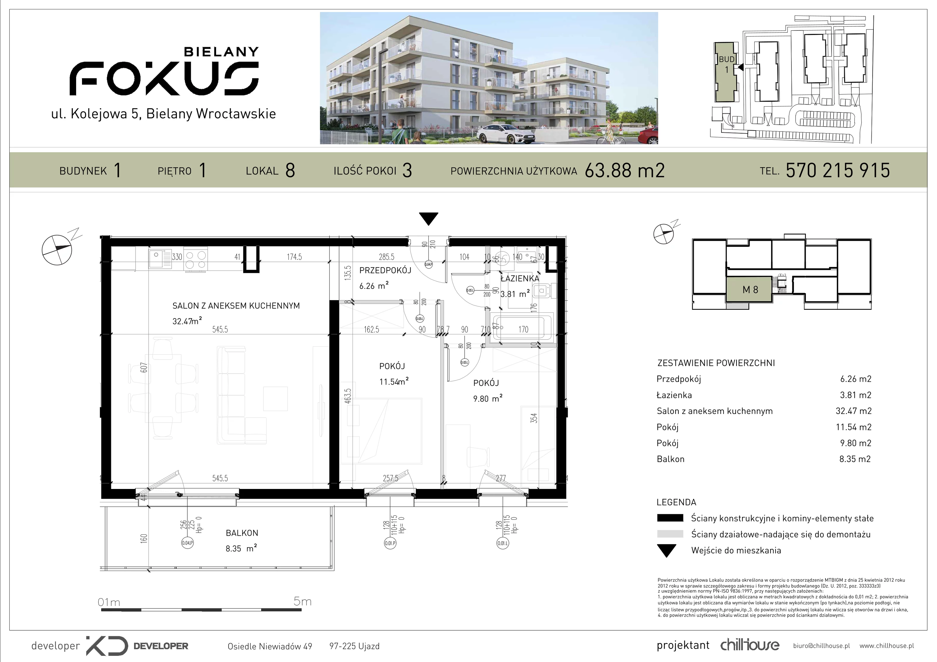3 pokoje, mieszkanie 63,88 m², piętro 1, oferta nr B1.8, Fokus Bielany, Bielany Wrocławskie, ul. Kolejowa 5