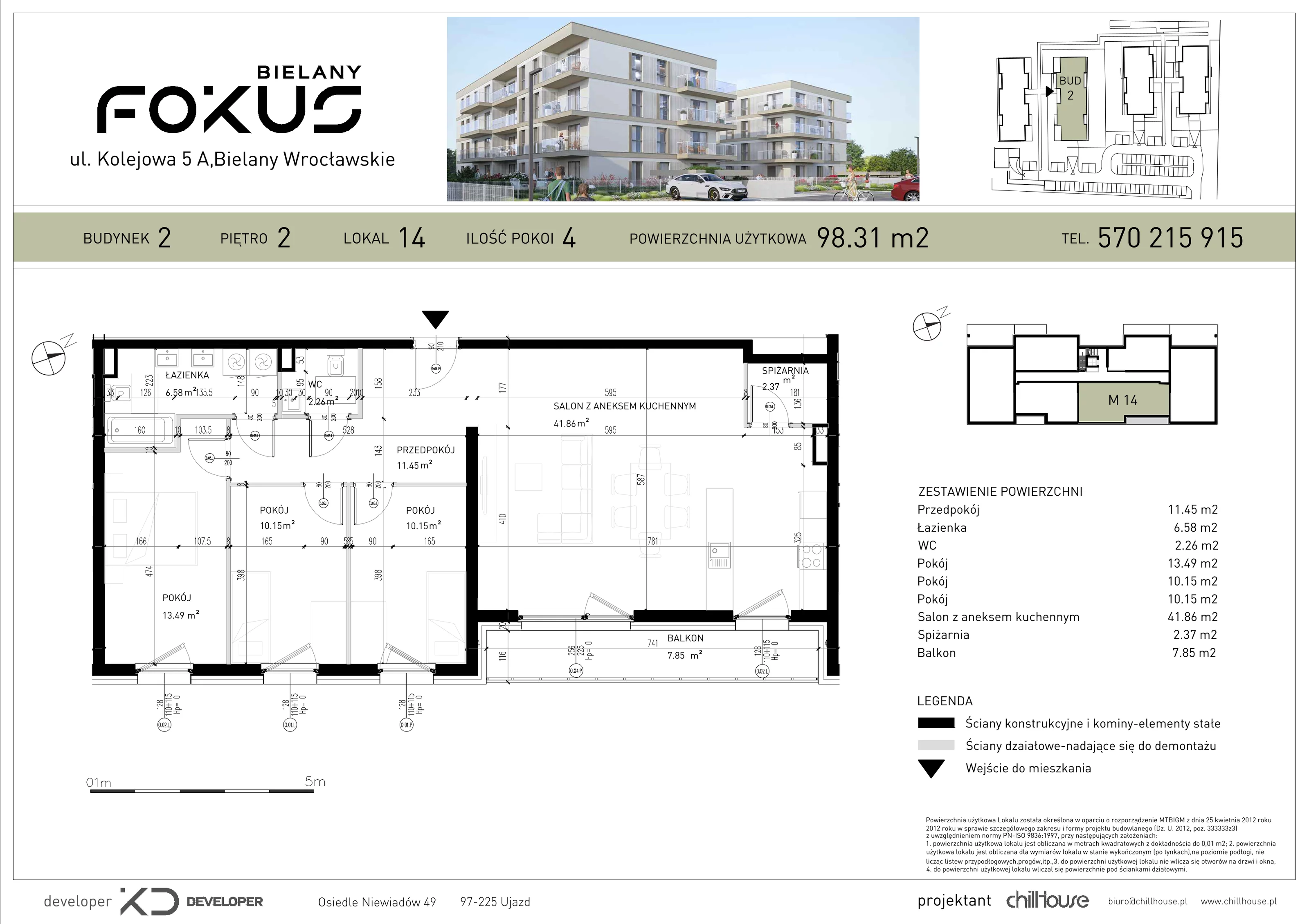 4 pokoje, mieszkanie 98,31 m², piętro 2, oferta nr B2.14, Fokus Bielany, Bielany Wrocławskie, ul. Kolejowa 5