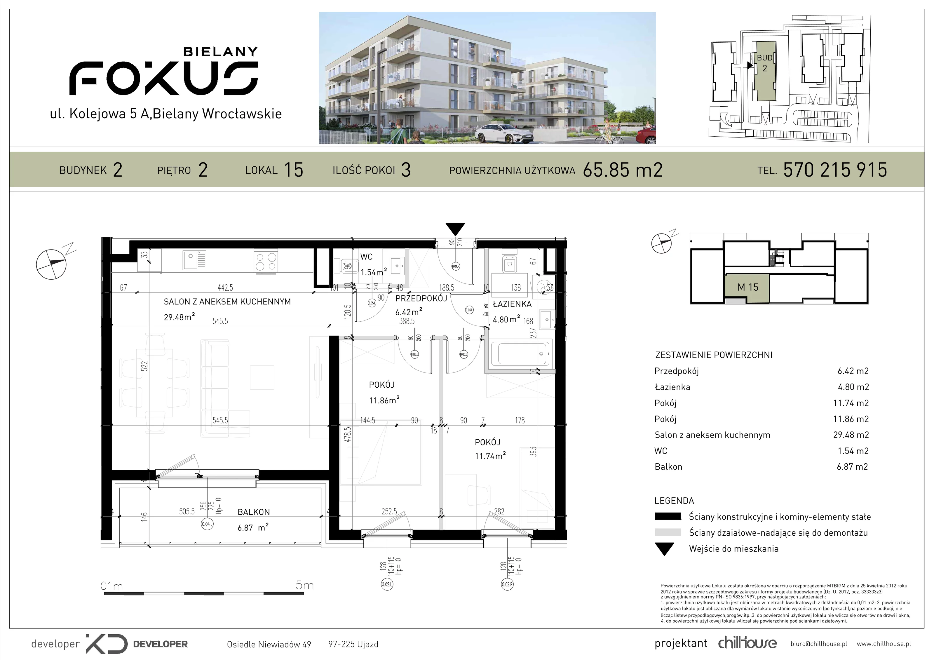 3 pokoje, mieszkanie 65,85 m², piętro 2, oferta nr B2.15, Fokus Bielany, Bielany Wrocławskie, ul. Kolejowa 5