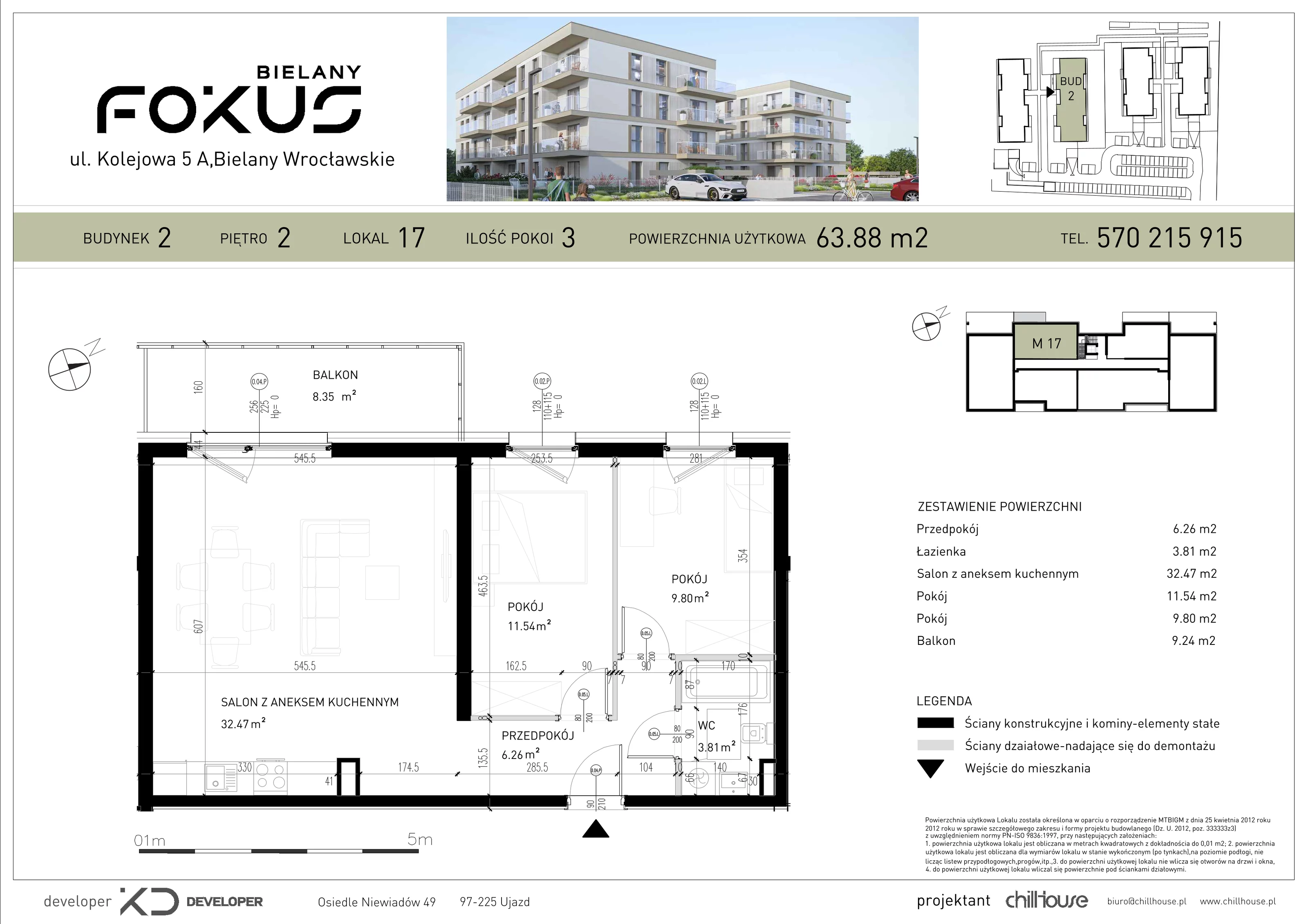 3 pokoje, mieszkanie 63,88 m², piętro 2, oferta nr B2.17, Fokus Bielany, Bielany Wrocławskie, ul. Kolejowa 5