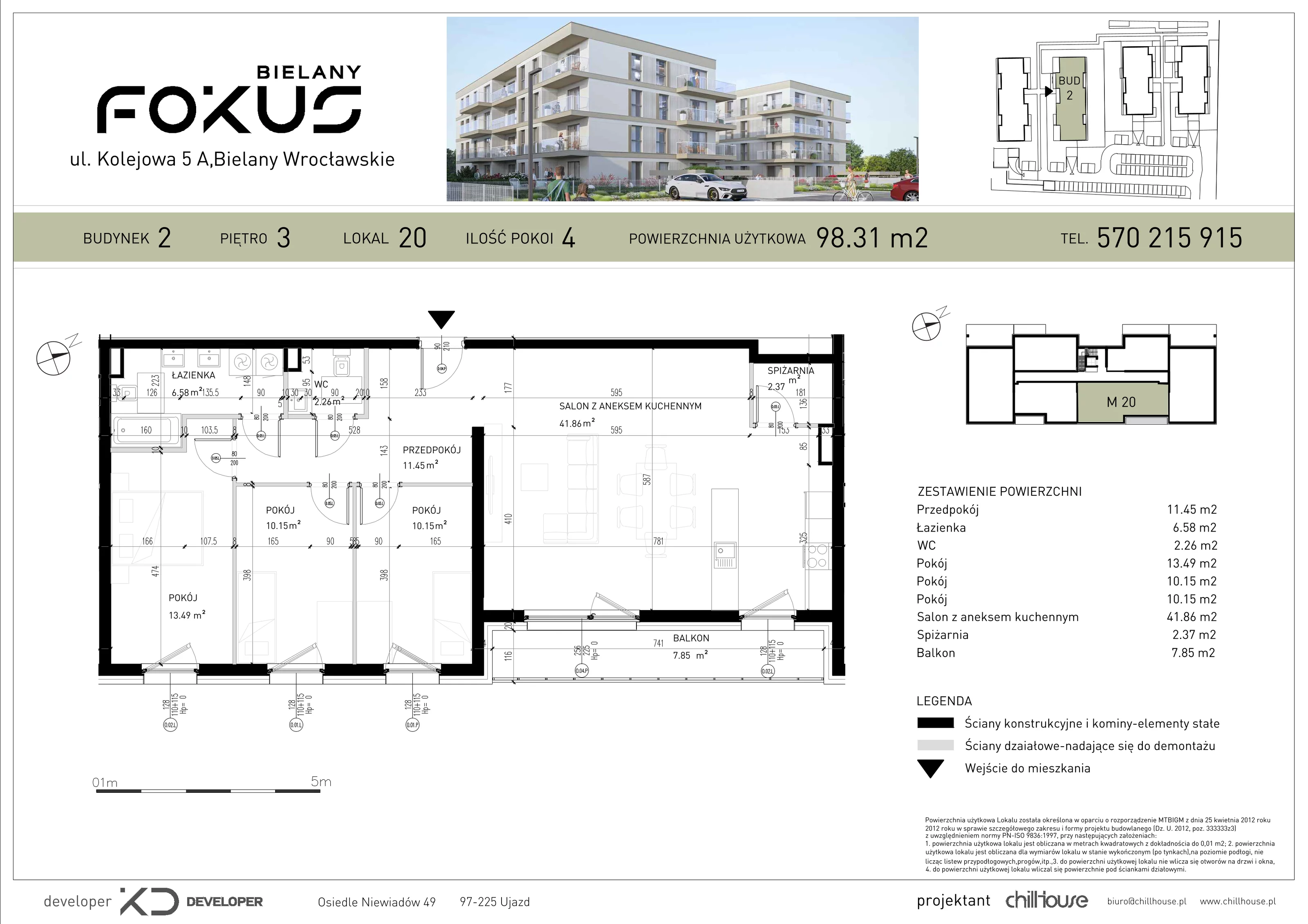 4 pokoje, mieszkanie 98,31 m², piętro 3, oferta nr B2.20, Fokus Bielany, Bielany Wrocławskie, ul. Kolejowa 5