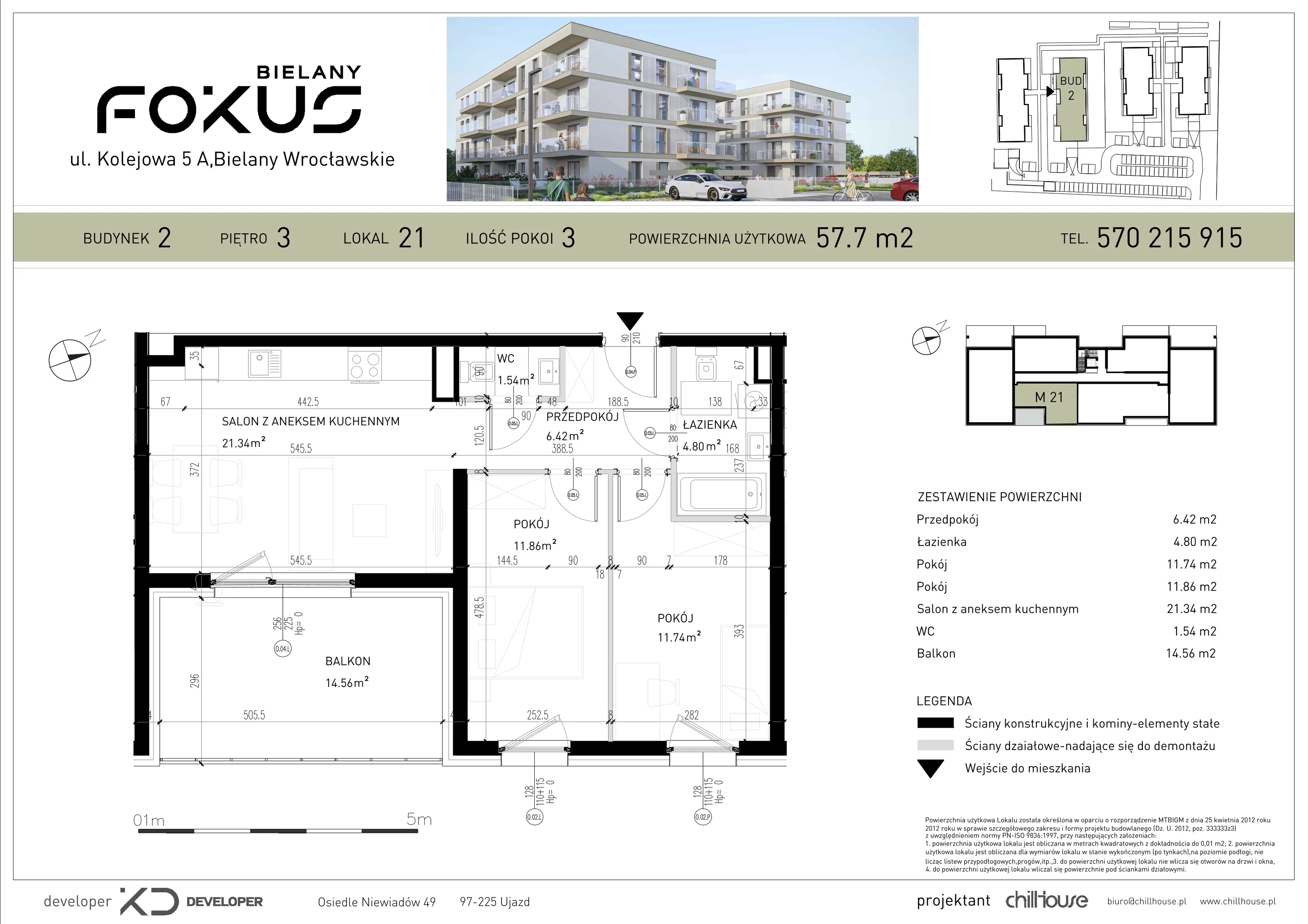 3 pokoje, mieszkanie 57,70 m², piętro 3, oferta nr B2.21, Fokus Bielany, Bielany Wrocławskie, ul. Kolejowa 5