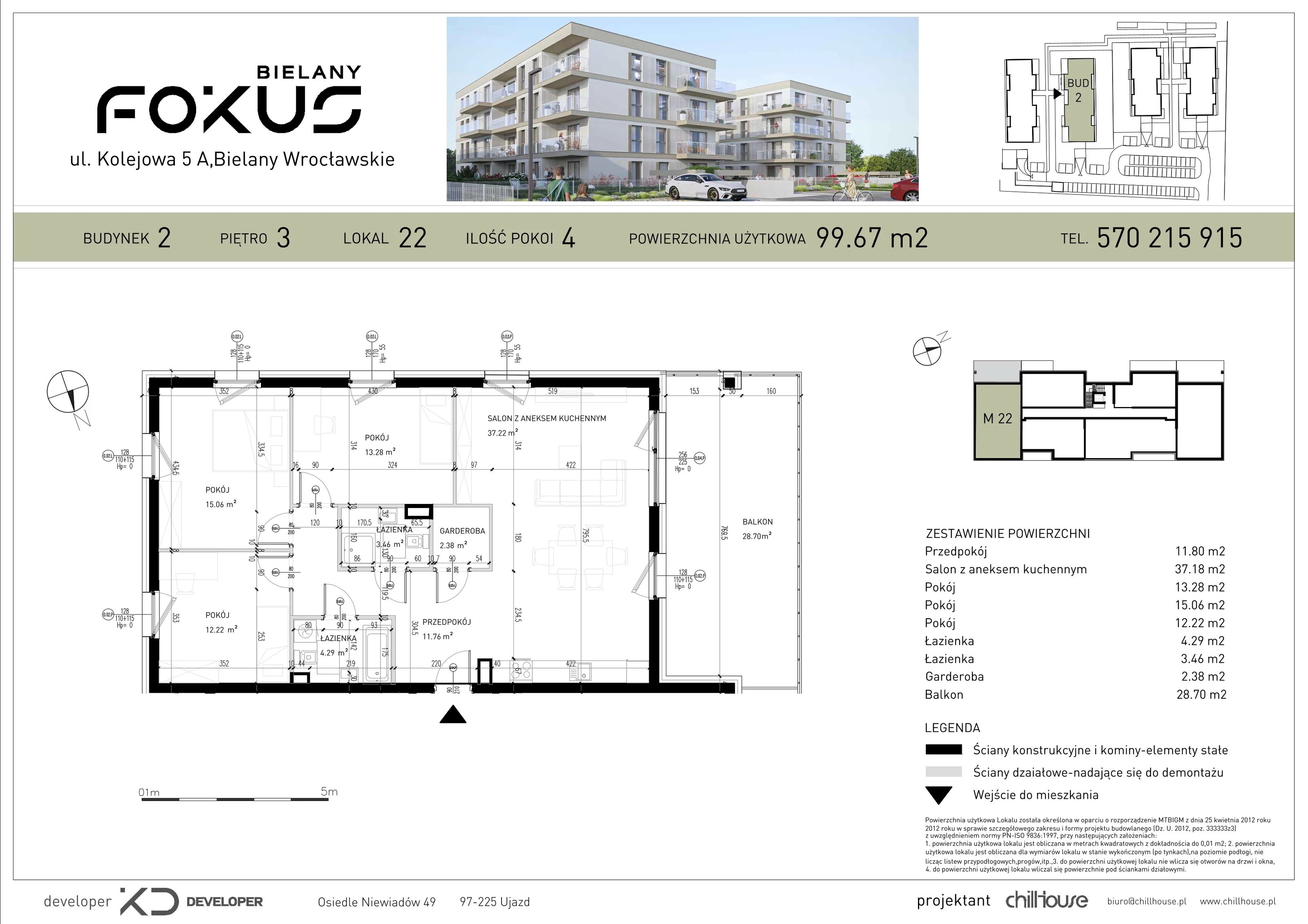 4 pokoje, mieszkanie 99,67 m², piętro 3, oferta nr B2.22, Fokus Bielany, Bielany Wrocławskie, ul. Kolejowa 5