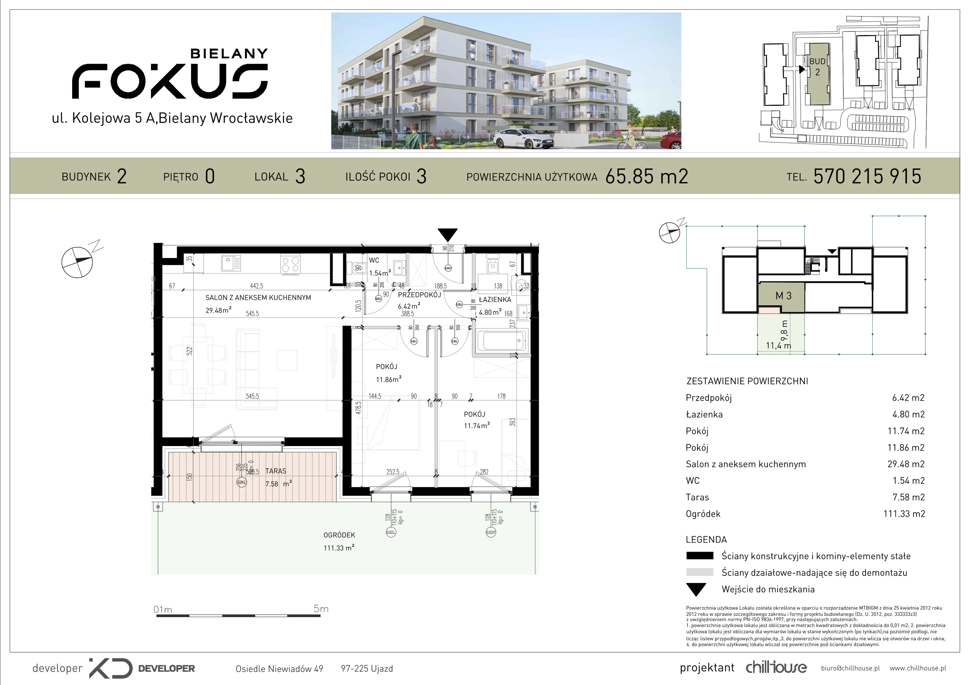 3 pokoje, mieszkanie 65,85 m², parter, oferta nr B2.3, Fokus Bielany, Bielany Wrocławskie, ul. Kolejowa 5