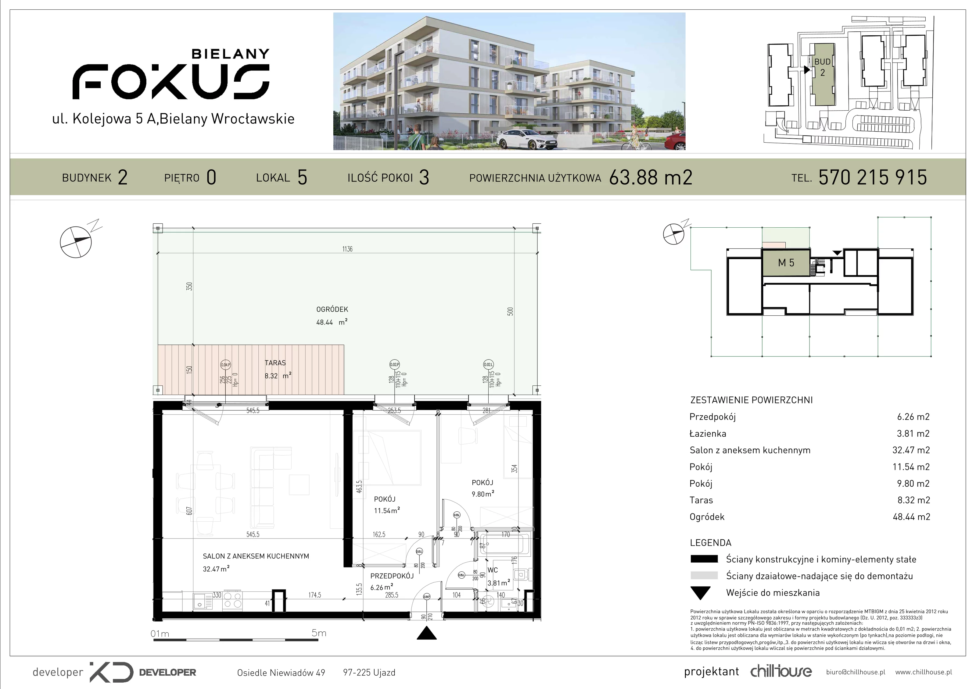 3 pokoje, mieszkanie 63,88 m², parter, oferta nr B2.5, Fokus Bielany, Bielany Wrocławskie, ul. Kolejowa 5