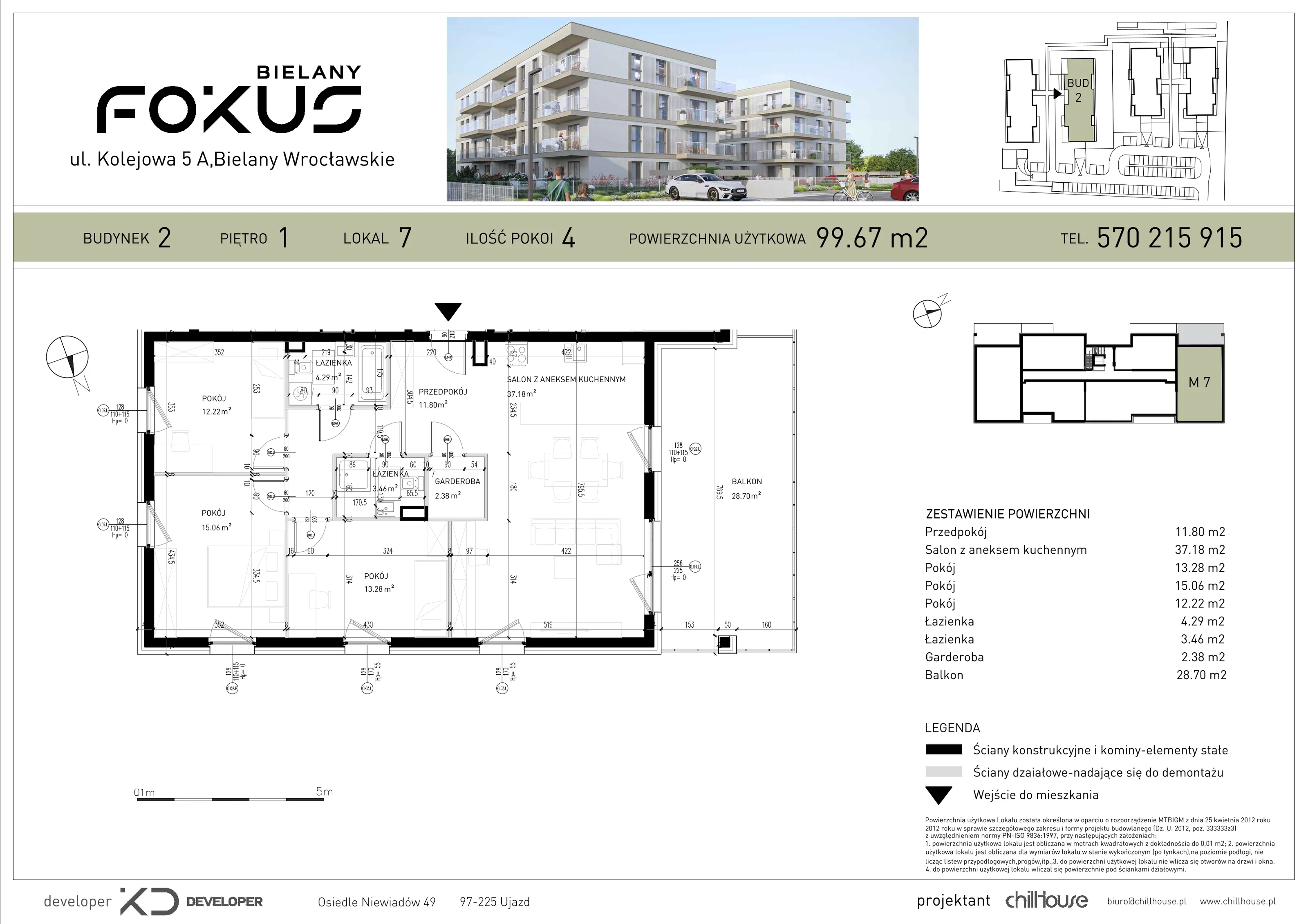4 pokoje, mieszkanie 99,67 m², piętro 1, oferta nr B2.7, Fokus Bielany, Bielany Wrocławskie, ul. Kolejowa 5