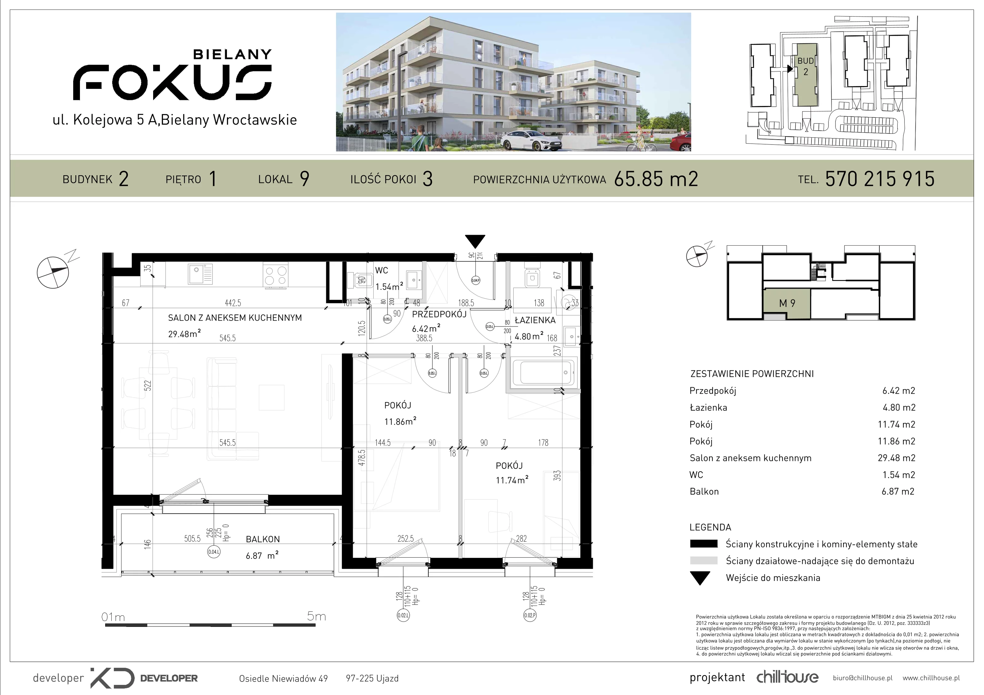 3 pokoje, mieszkanie 65,85 m², piętro 1, oferta nr B2.9, Fokus Bielany, Bielany Wrocławskie, ul. Kolejowa 5