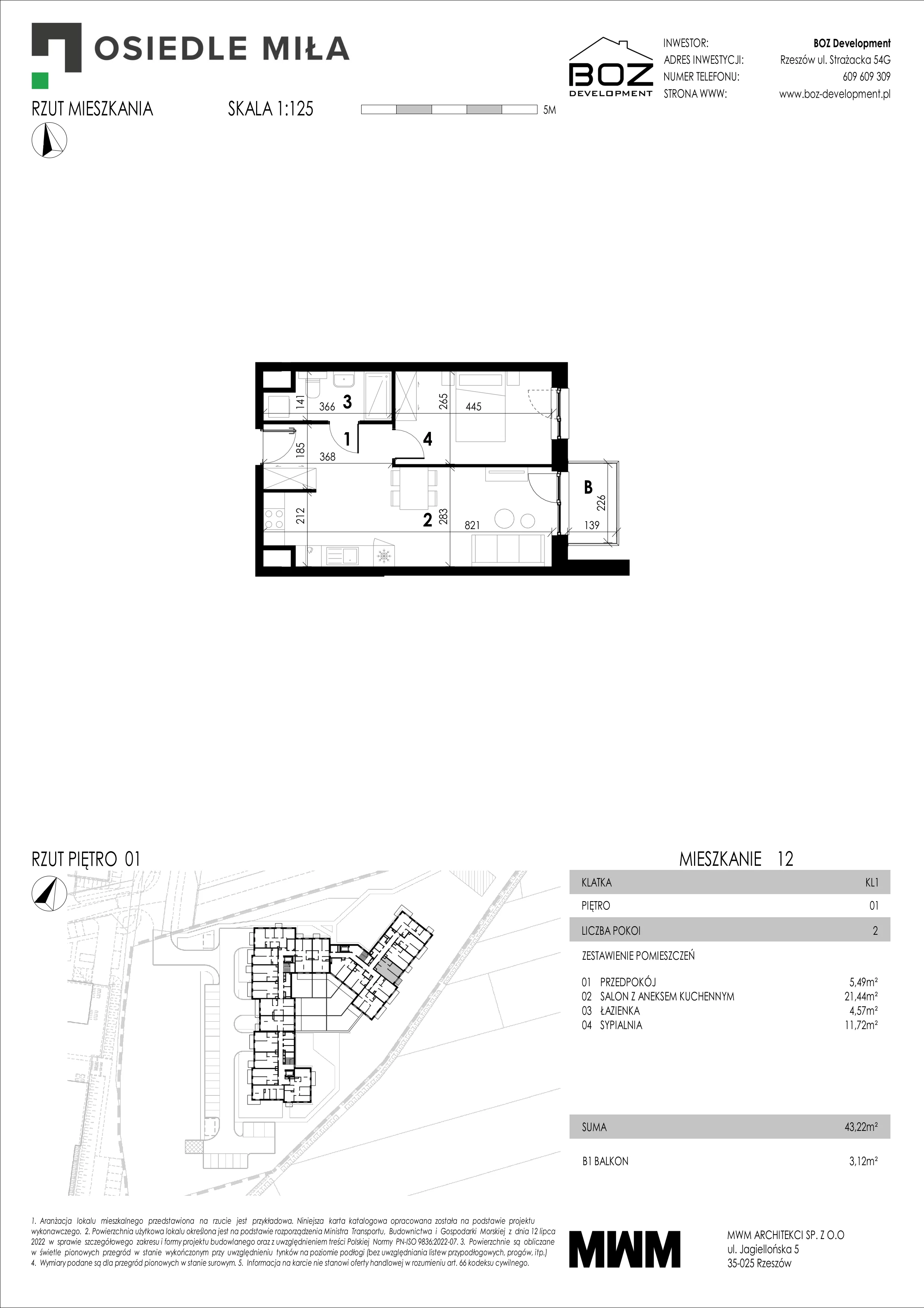 2 pokoje, mieszkanie 43,22 m², piętro 1, oferta nr 12, Strażacka 54G, Rzeszów, Drabinianka, ul. Strażacka 54