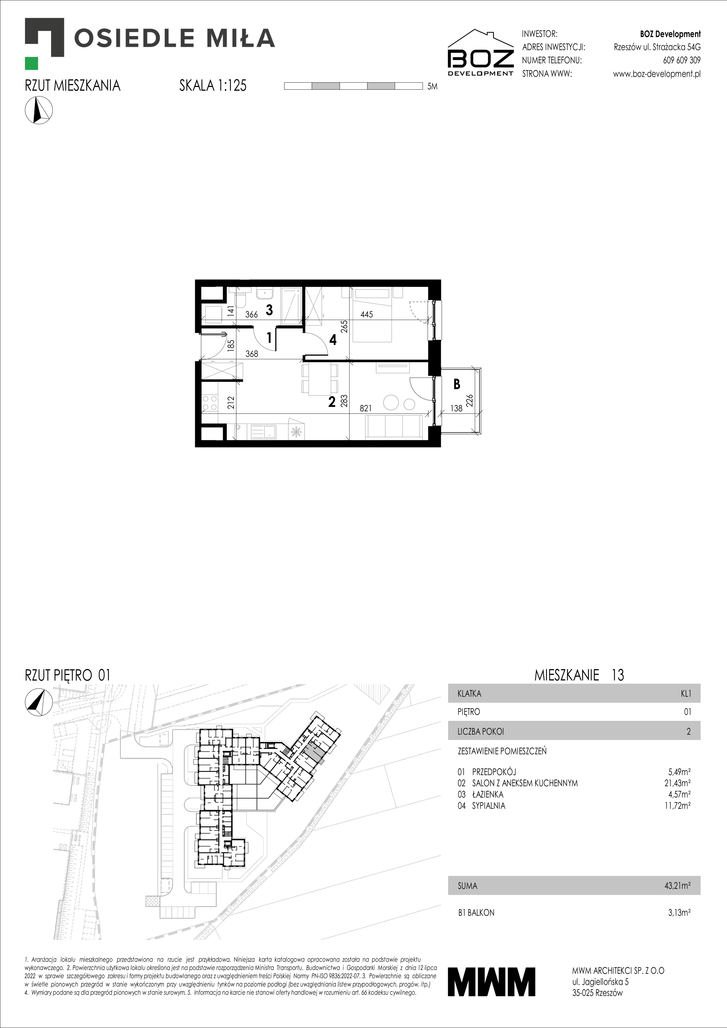 2 pokoje, mieszkanie 43,21 m², piętro 1, oferta nr 13, Strażacka 54G, Rzeszów, Drabinianka, ul. Strażacka 54