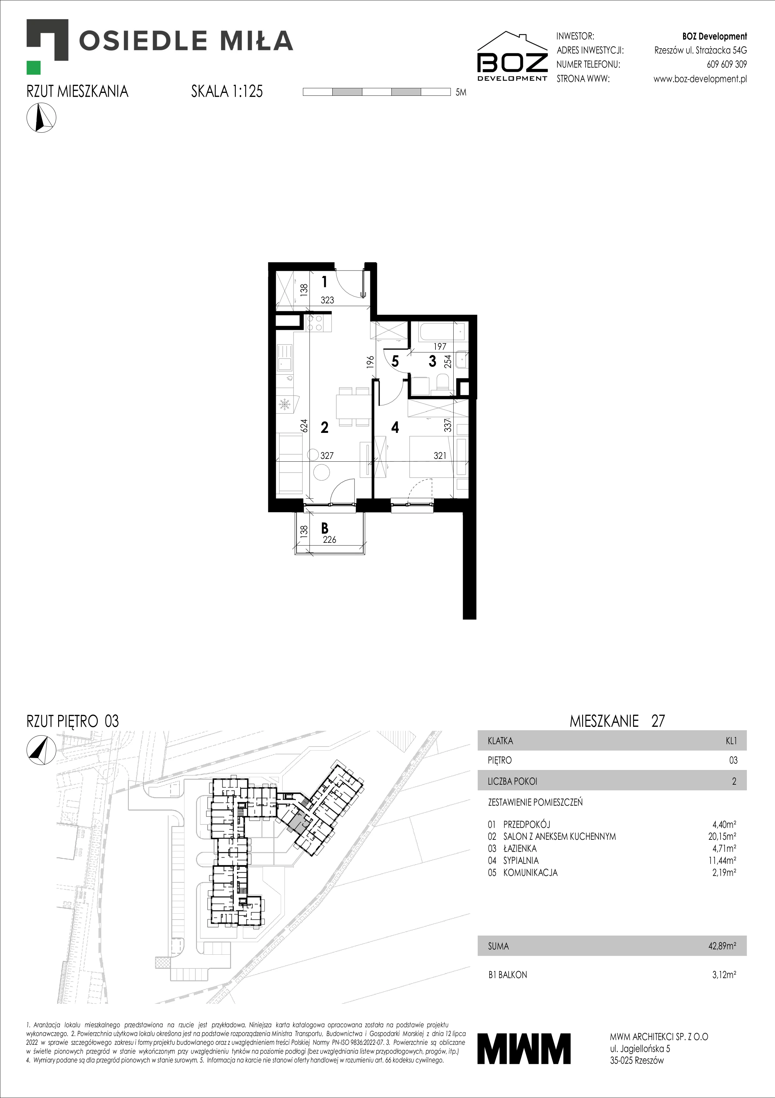 2 pokoje, mieszkanie 42,89 m², piętro 3, oferta nr 27, Strażacka 54G, Rzeszów, Drabinianka, ul. Strażacka 54