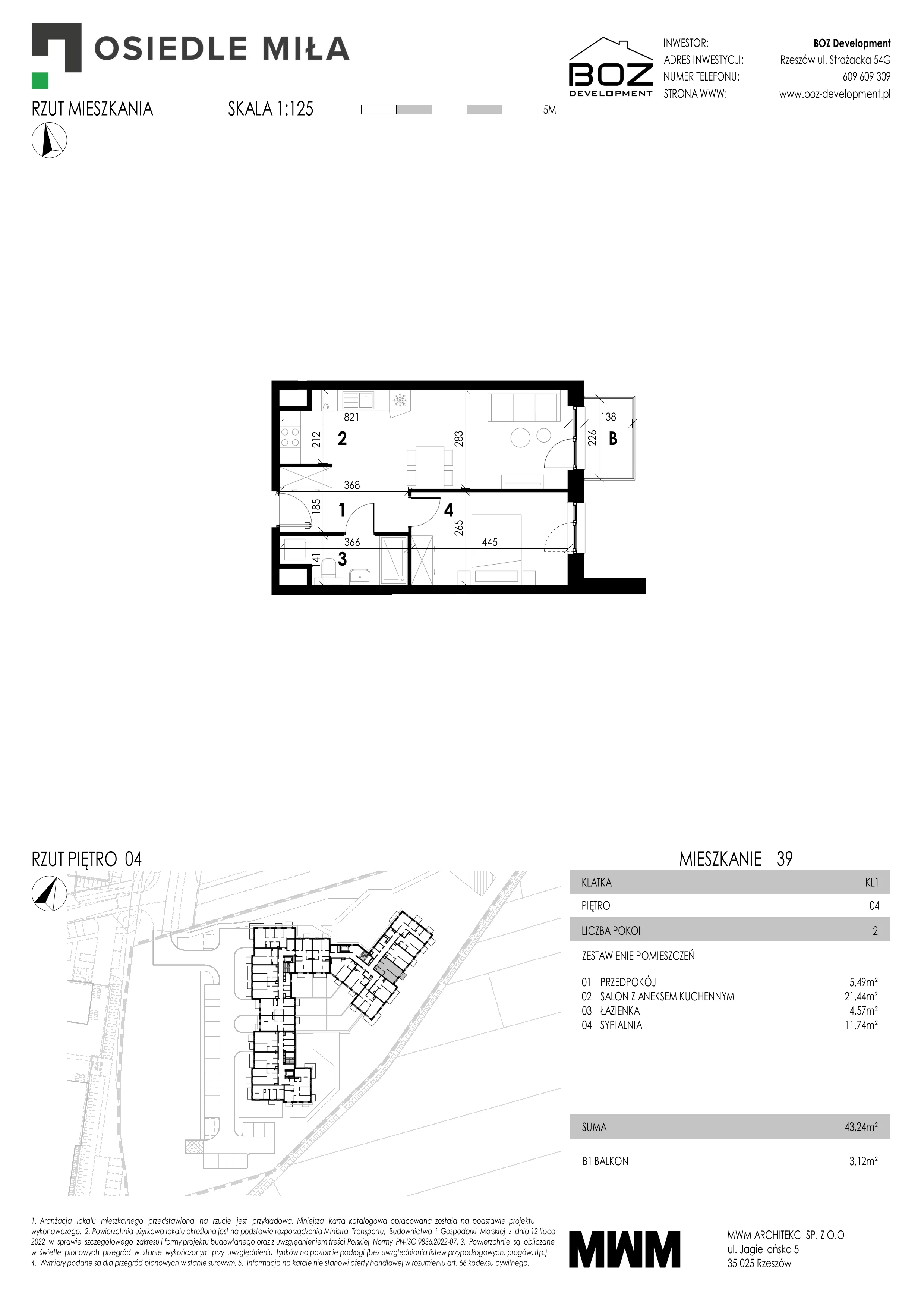 2 pokoje, mieszkanie 43,24 m², piętro 4, oferta nr 39, Strażacka 54G, Rzeszów, Drabinianka, ul. Strażacka 54