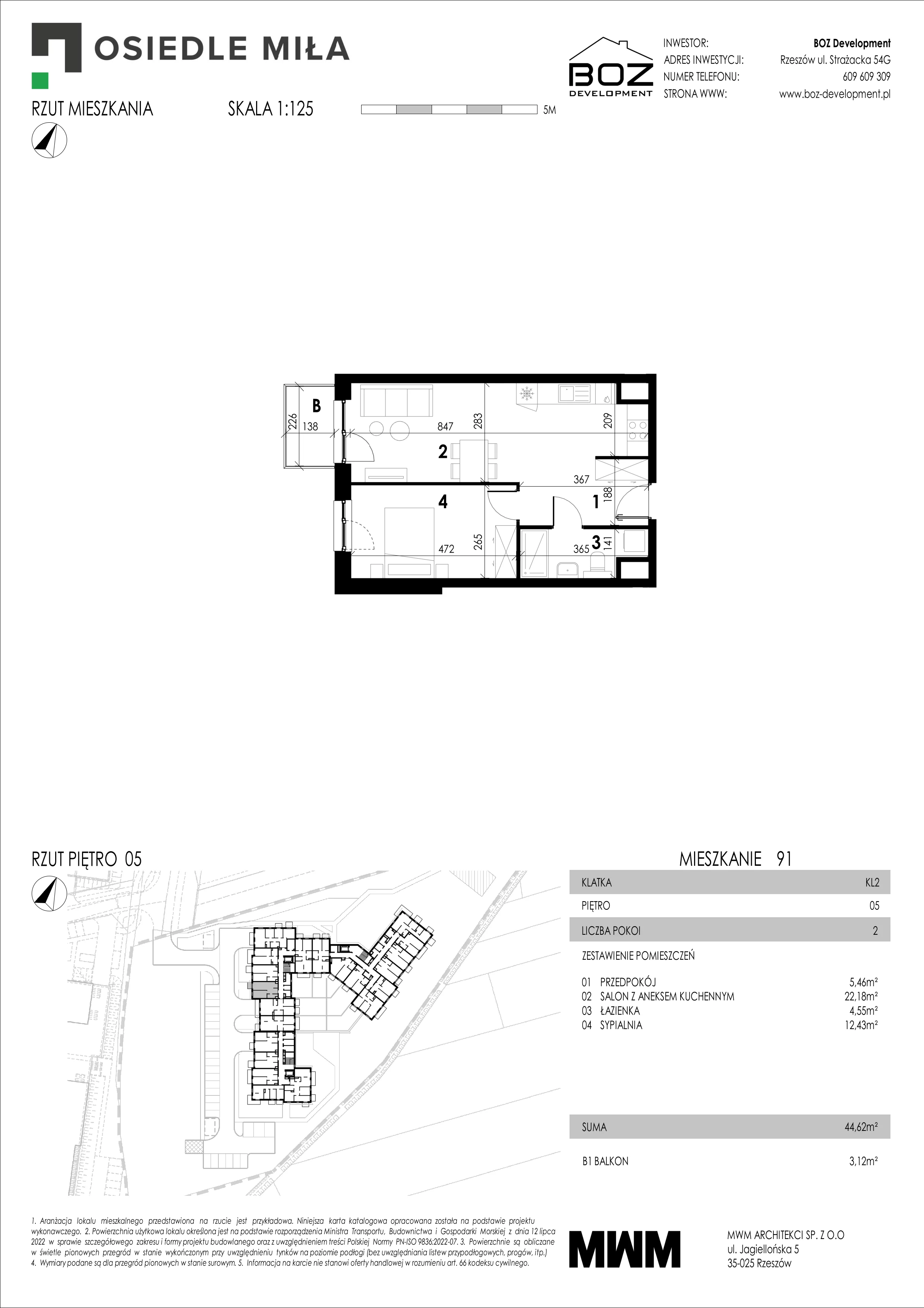 2 pokoje, mieszkanie 44,62 m², piętro 5, oferta nr 91, Strażacka 54G, Rzeszów, Drabinianka, ul. Strażacka 54