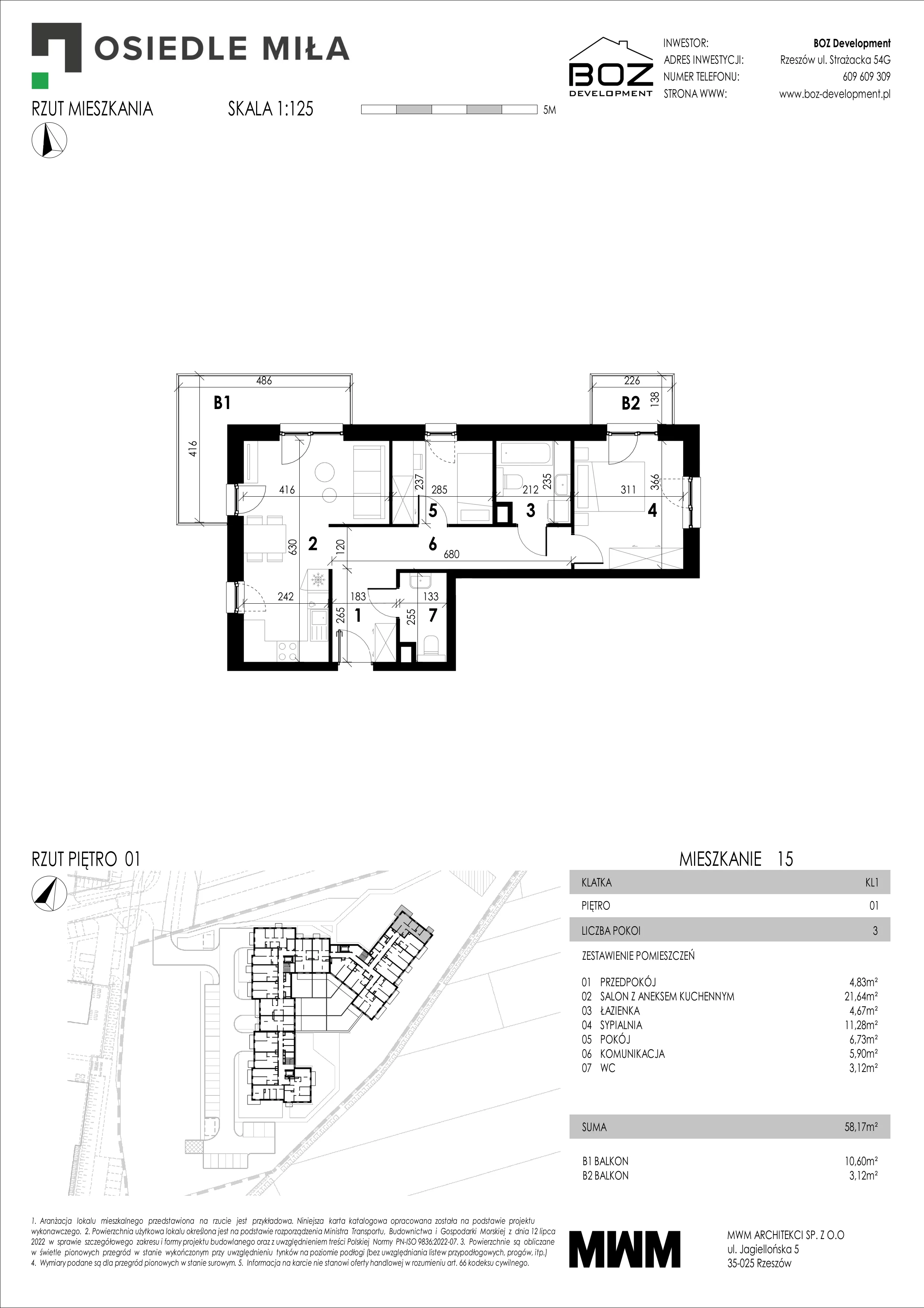 3 pokoje, mieszkanie 58,17 m², piętro 1, oferta nr 15, Strażacka 54G, Rzeszów, Drabinianka, ul. Strażacka 54