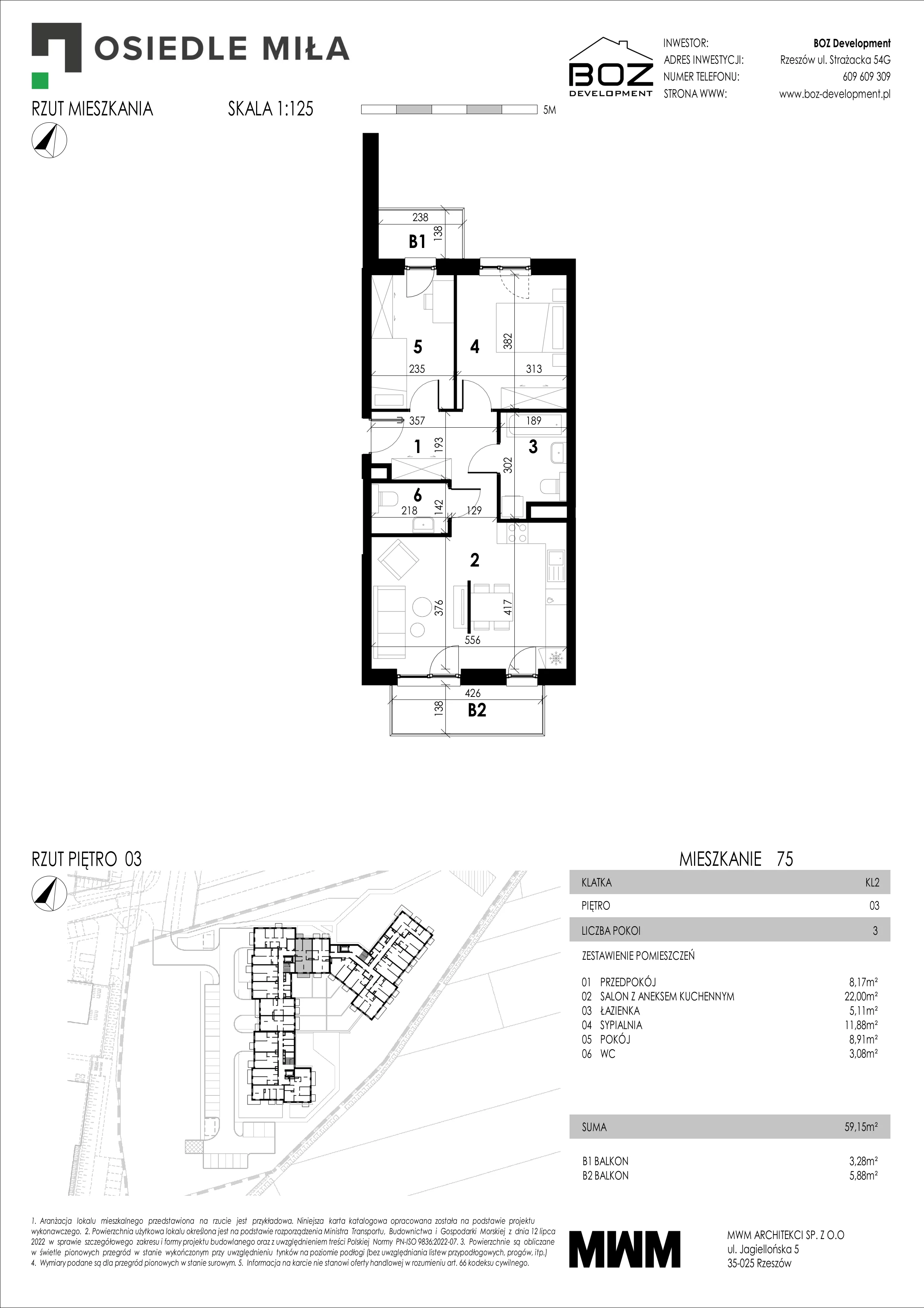 3 pokoje, mieszkanie 59,15 m², piętro 3, oferta nr 75, Strażacka 54G, Rzeszów, Drabinianka, ul. Strażacka 54