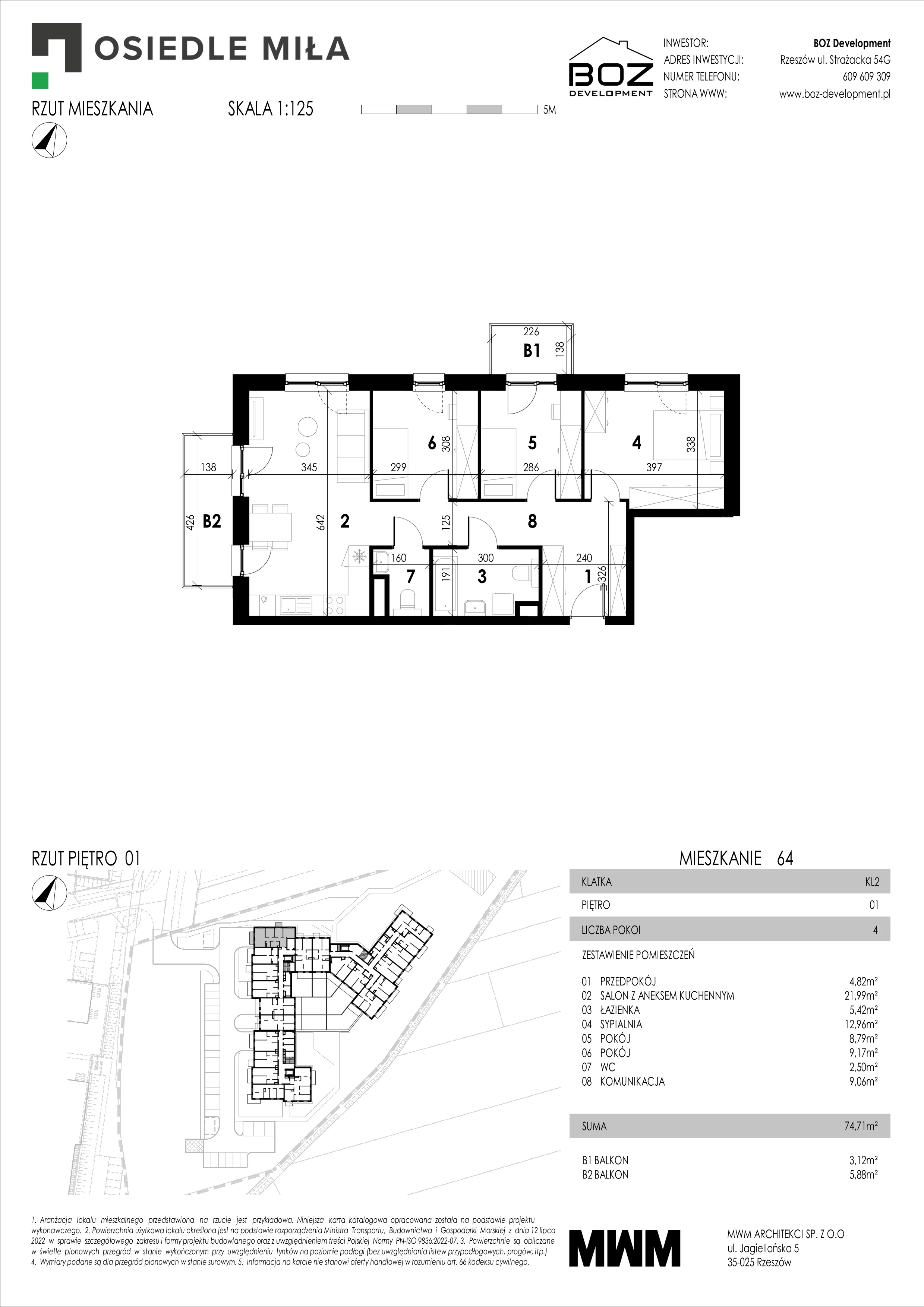 4 pokoje, mieszkanie 74,71 m², piętro 1, oferta nr 64, Strażacka 54G, Rzeszów, Drabinianka, ul. Strażacka 54