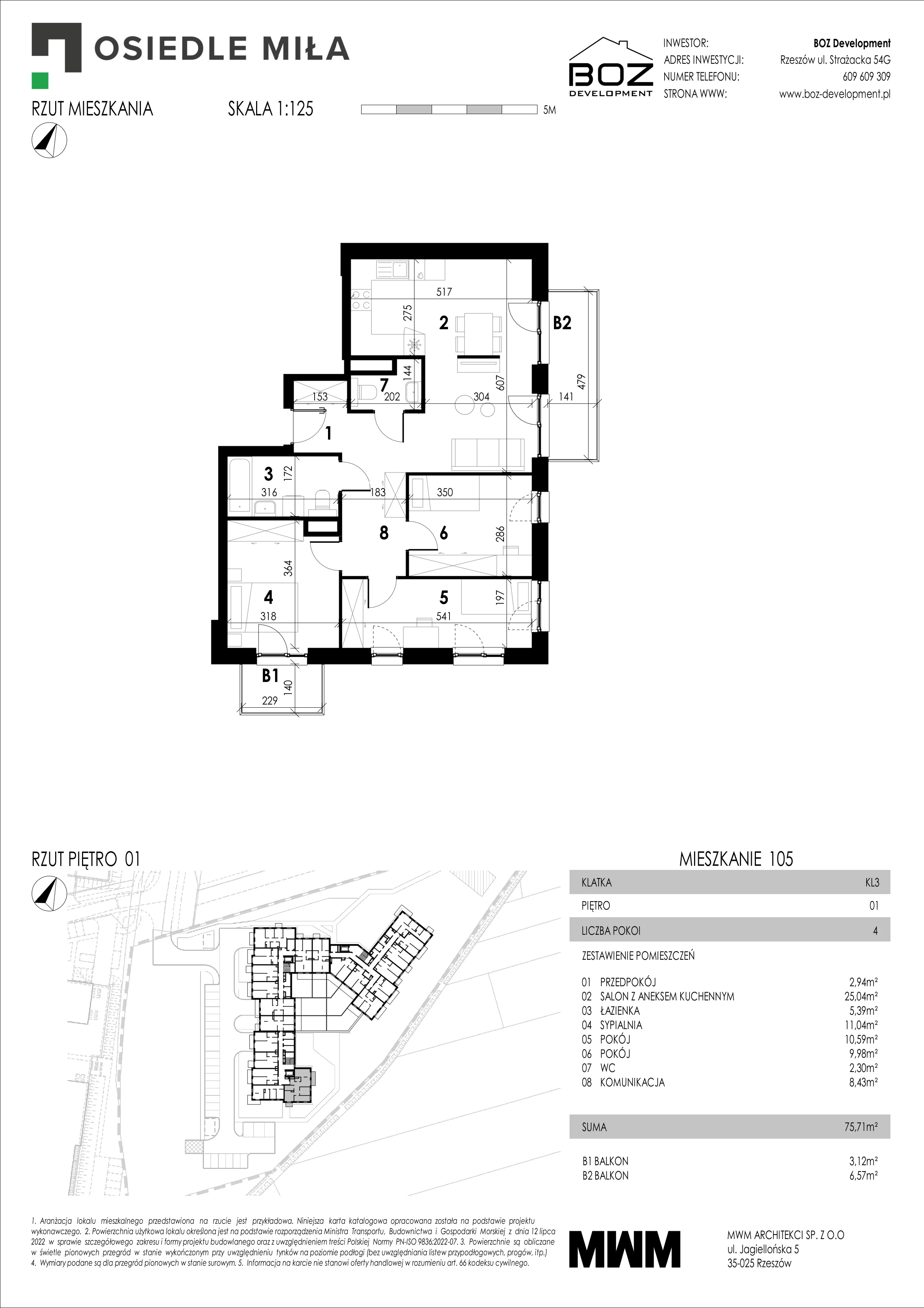 4 pokoje, mieszkanie 75,71 m², piętro 1, oferta nr 105, Strażacka 54G, Rzeszów, Drabinianka, ul. Strażacka 54